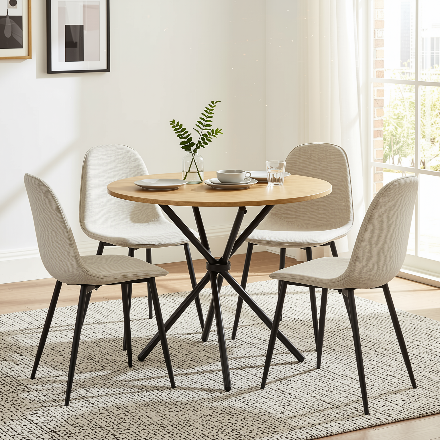 Homy Casa FONTANA+CHARLTON 5PC Dining Set 31.5” Natural Round Table with 4 Charlton Barrel Beige Fabric Chairs