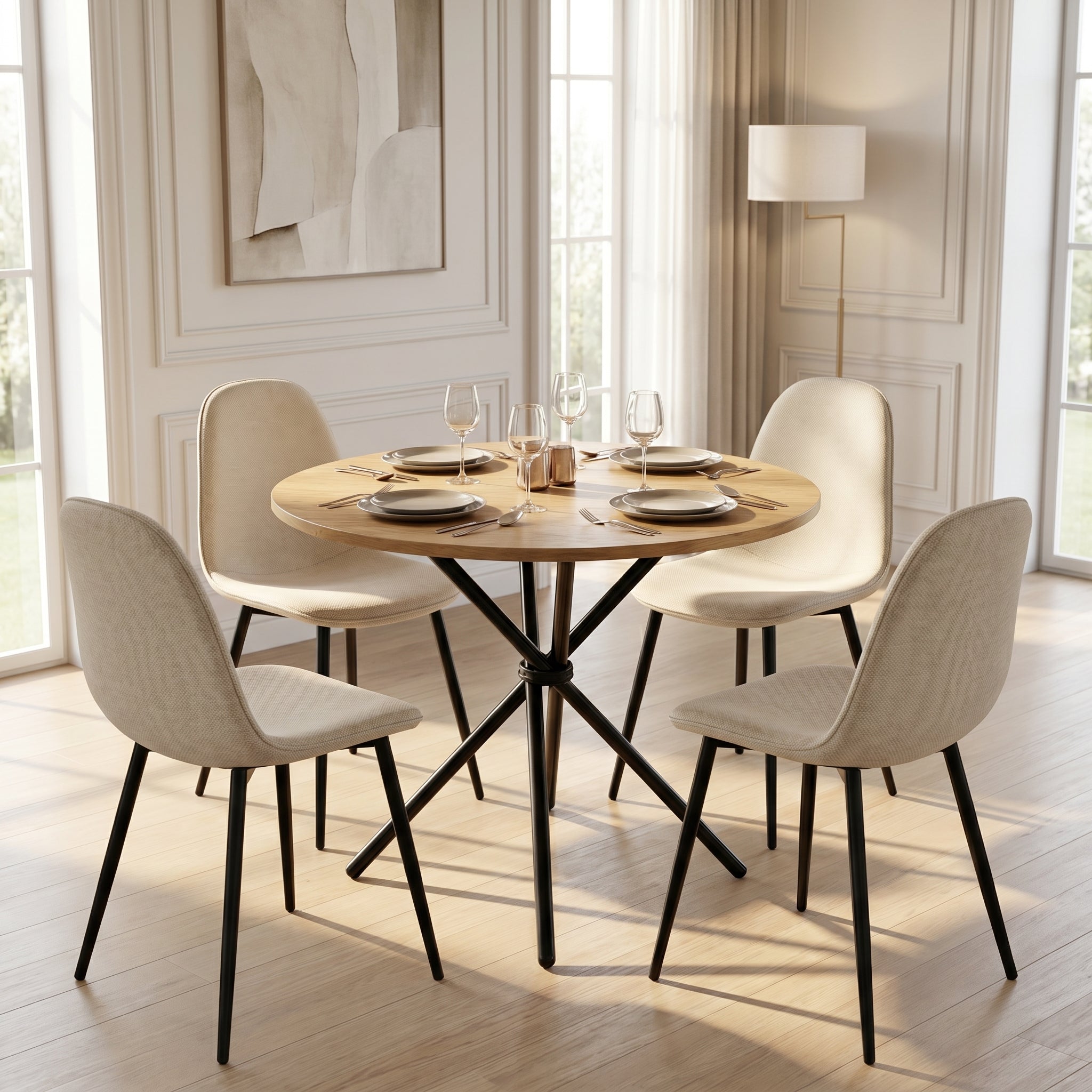 Homy Casa FONTANA+CHARLTON 5PC Dining Set 31.5” Natural Round Table with 4 Charlton Barrel Beige Fabric Chairs