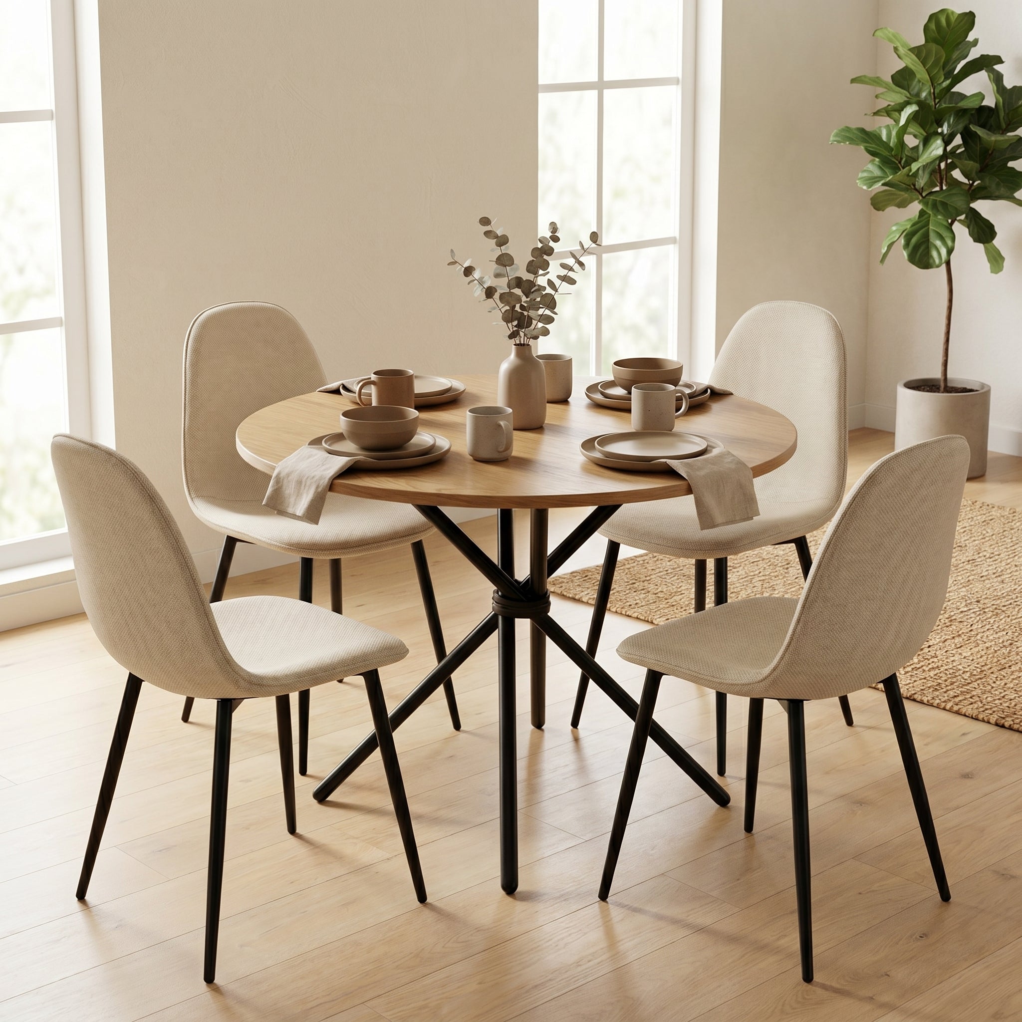 Homy Casa FONTANA+CHARLTON 5PC Dining Set 31.5” Natural Round Table with 4 Charlton Barrel Beige Fabric Chairs
