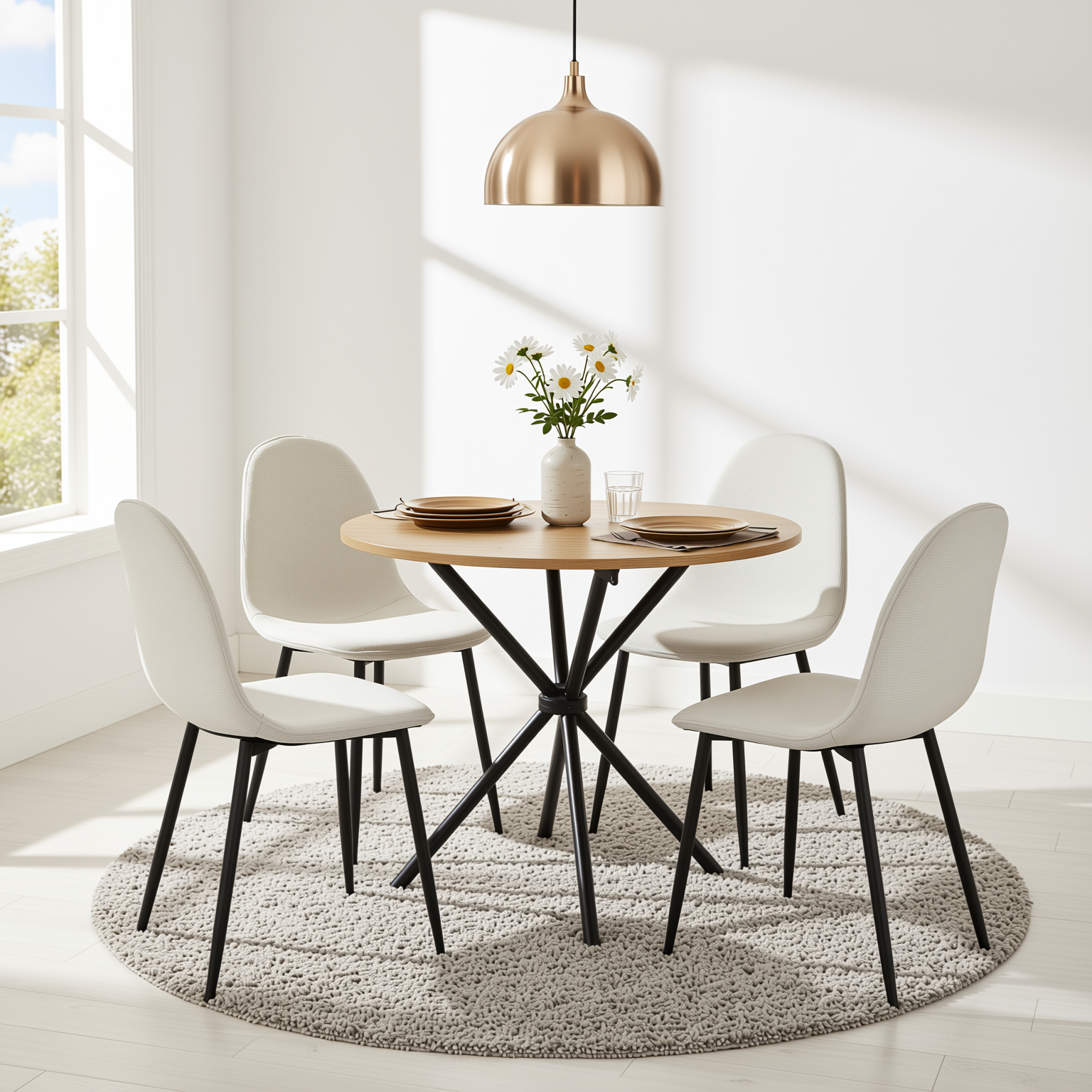 Homy Casa FONTANA+CHARLTON 5PC Dining Set 31.5” Natural Round Table with 4 Charlton Khaki Fabric Chairs