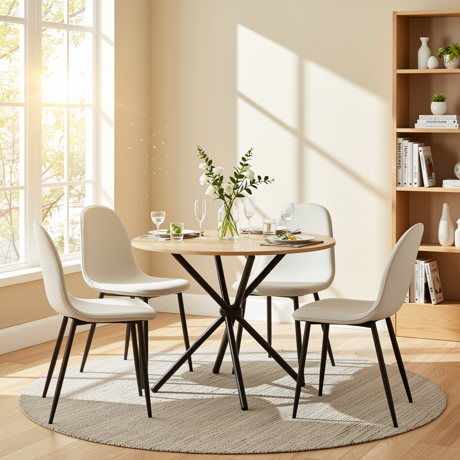Homy Casa FONTANA+CHARLTON 5PC Dining Set 31.5” Natural Round Table with 4 Charlton Khaki Fabric Chairs
