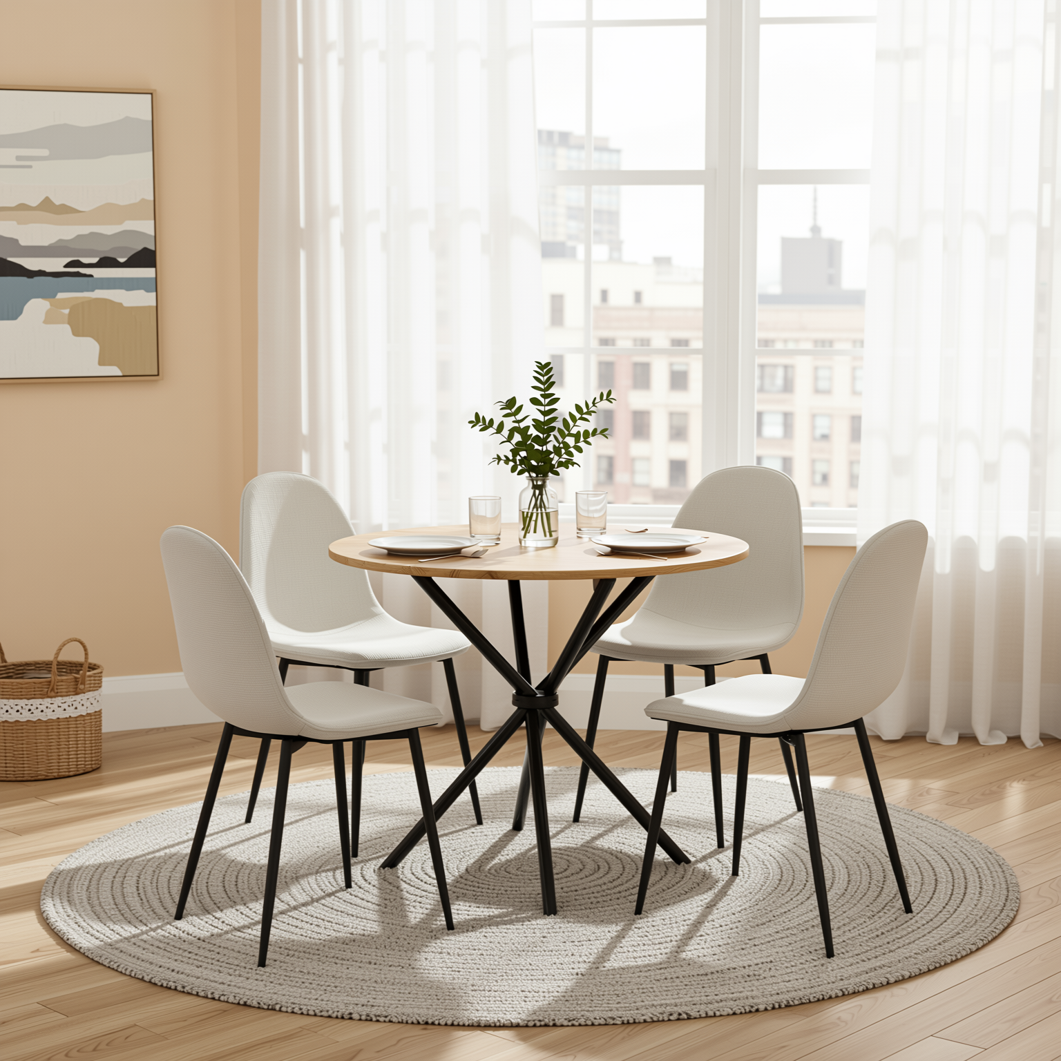 Homy Casa FONTANA+CHARLTON 5PC Dining Set 31.5” Natural Round Table with 4 Charlton Khaki Fabric Chairs
