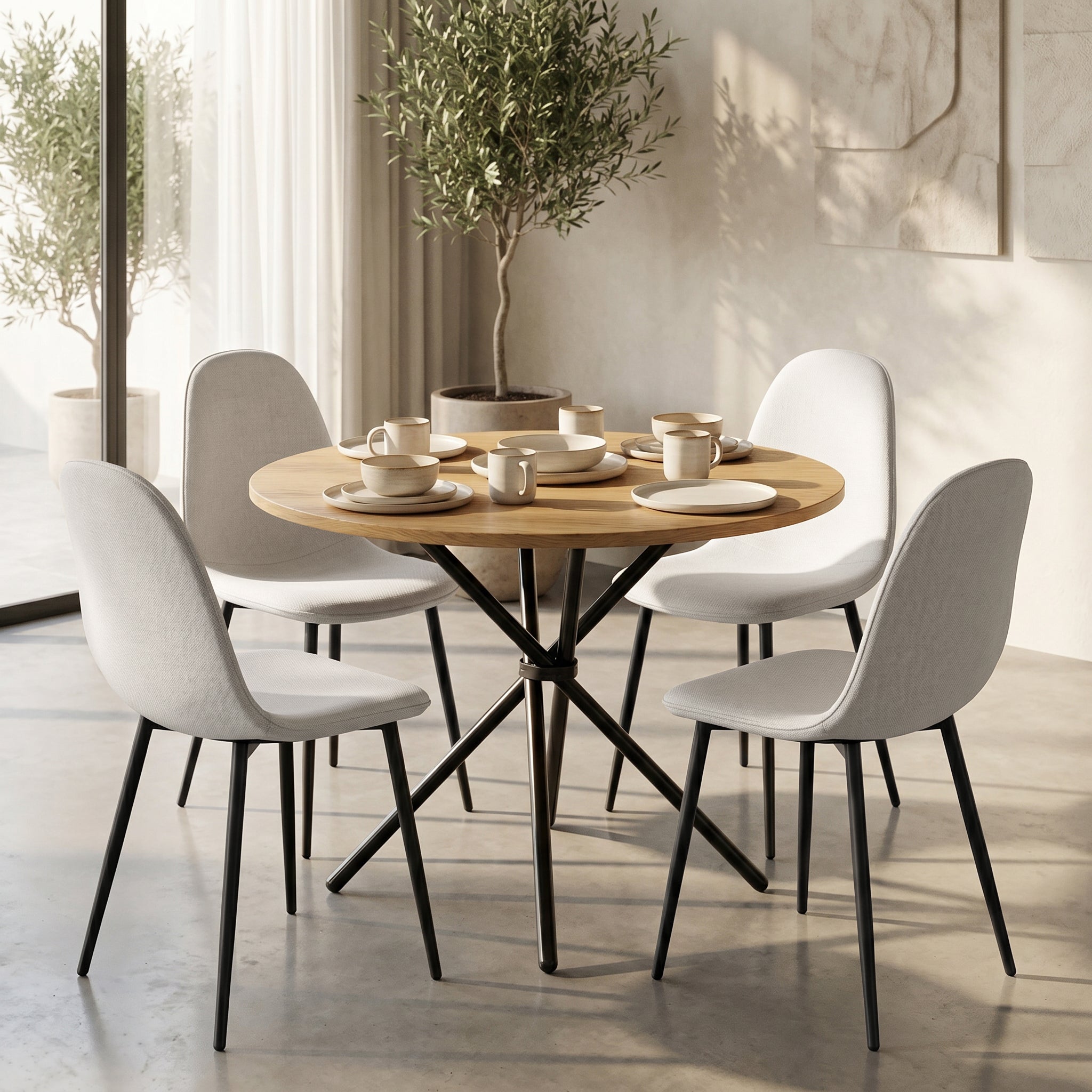 Homy Casa FONTANA+CHARLTON 5PC Dining Set 31.5” Natural Round Table with 4 Charlton Khaki Fabric Chairs