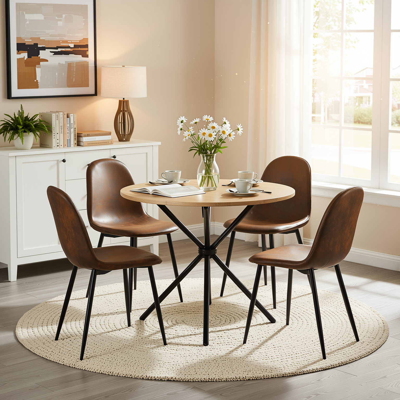 Homy Casa FONTANA+CHARLTON 5PC Dining Set 31.5” Natural Round Table with 4 Charlton Suede Brown Upholstered Chairs