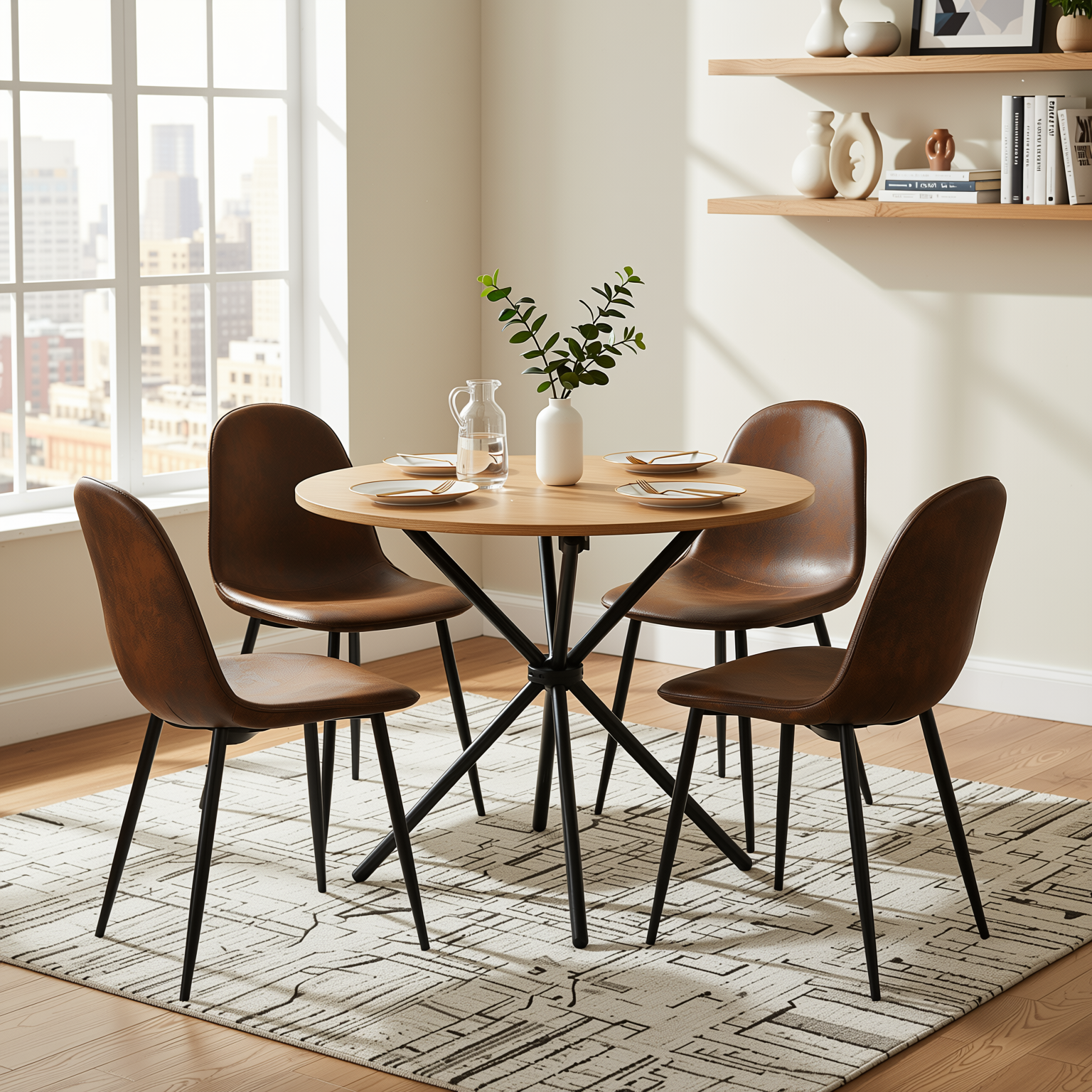 Homy Casa FONTANA+CHARLTON 5PC Dining Set 31.5” Natural Round Table with 4 Charlton Suede Brown Upholstered Chairs