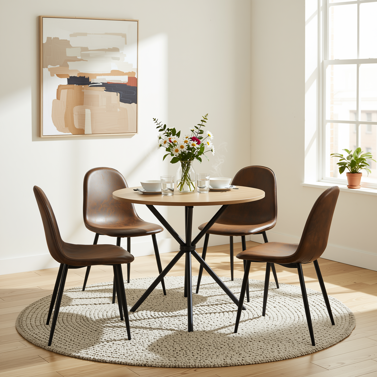 Homy Casa FONTANA+CHARLTON 5PC Dining Set 31.5” Natural Round Table with 4 Charlton Suede Brown Upholstered Chairs