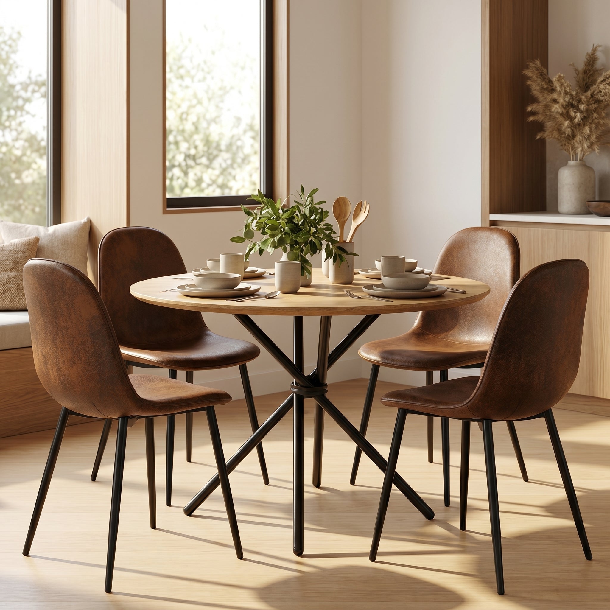 Homy Casa FONTANA+CHARLTON 5PC Dining Set 31.5” Natural Round Table with 4 Charlton Suede Brown Upholstered Chairs
