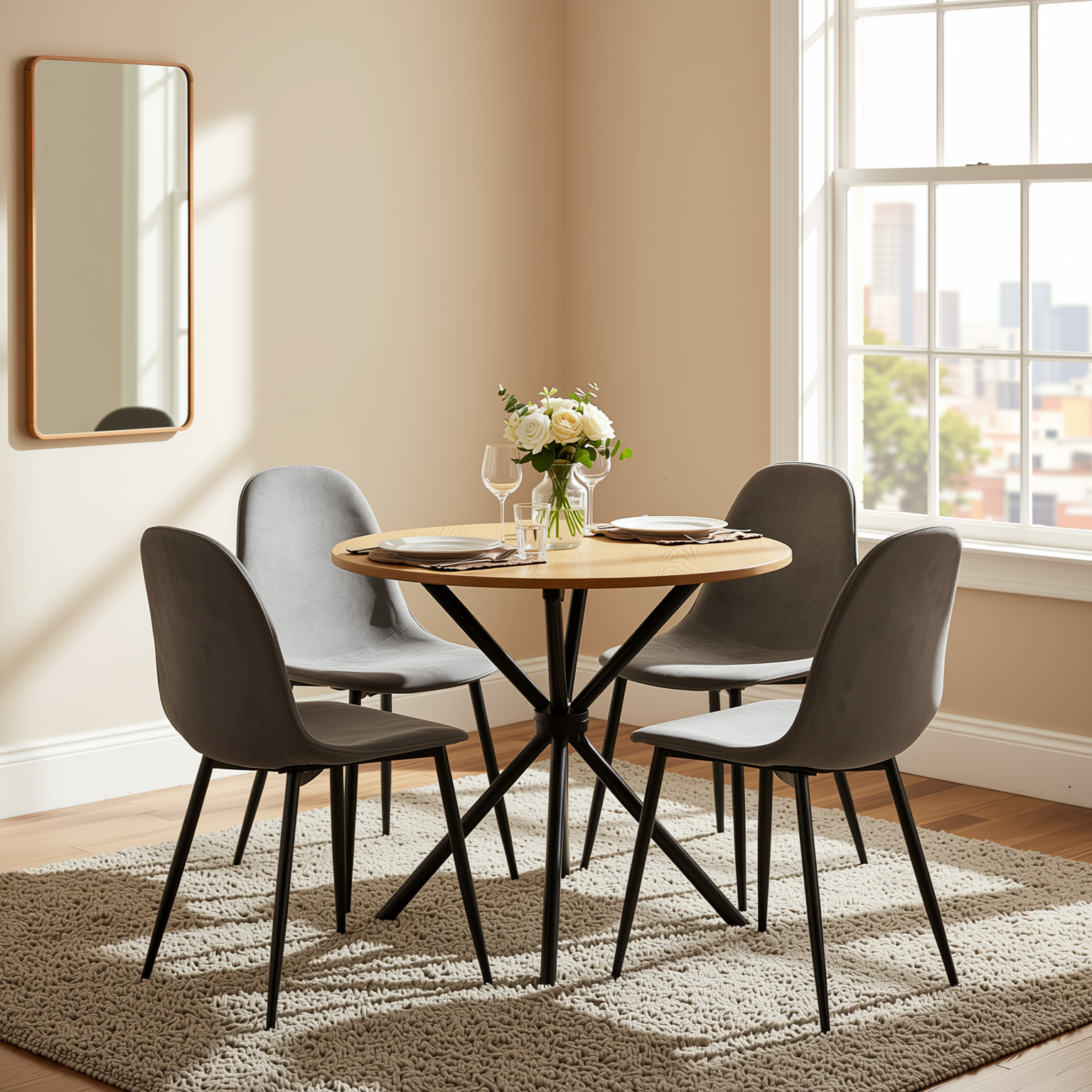 Homy Casa FONTANA+CHARLTON 5PC Dining Set 31.5” Natural Round Table with 4 Charlton Grey Terry Fabric Chairs
