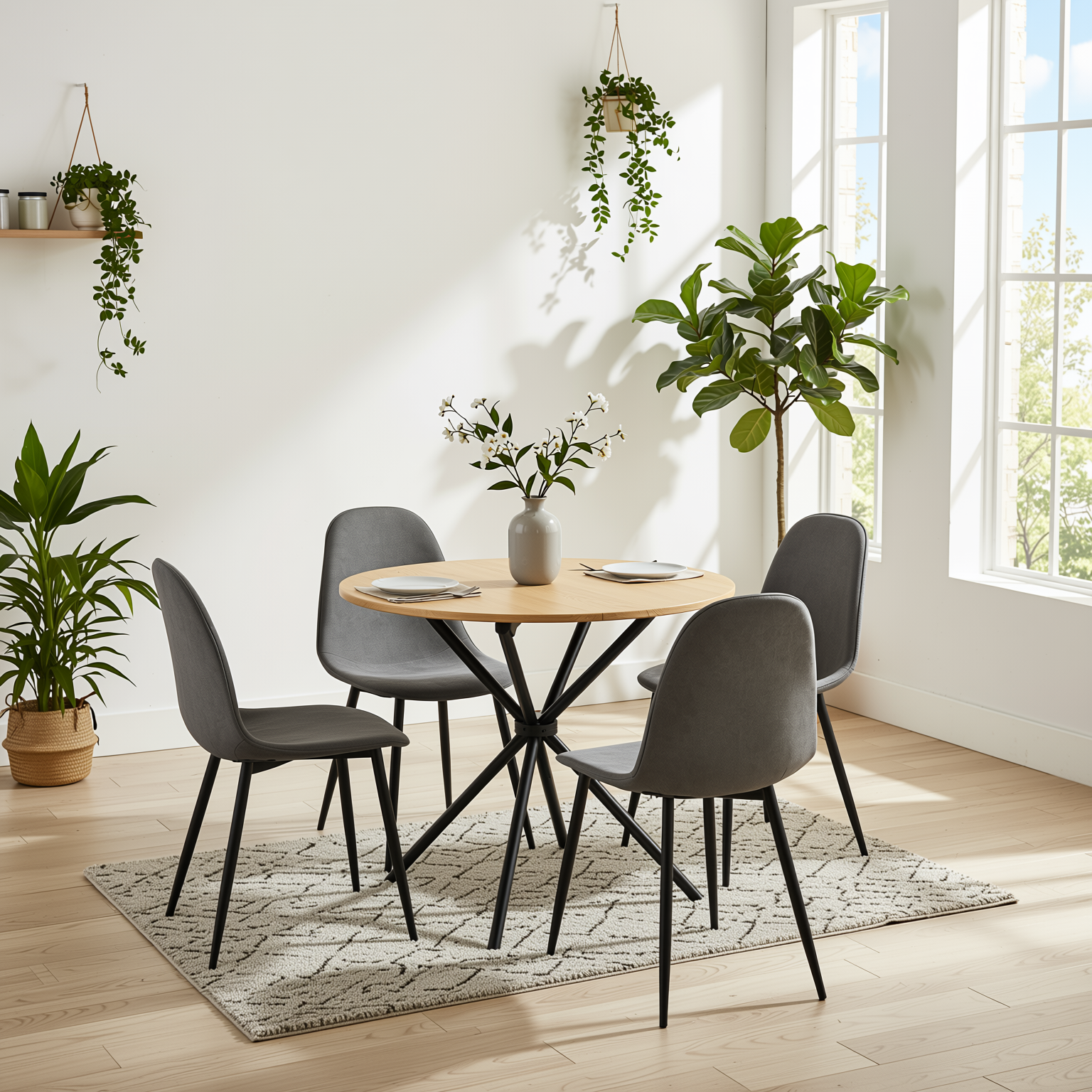 Homy Casa FONTANA+CHARLTON 5PC Dining Set 31.5” Natural Round Table with 4 Charlton Grey Terry Fabric Chairs