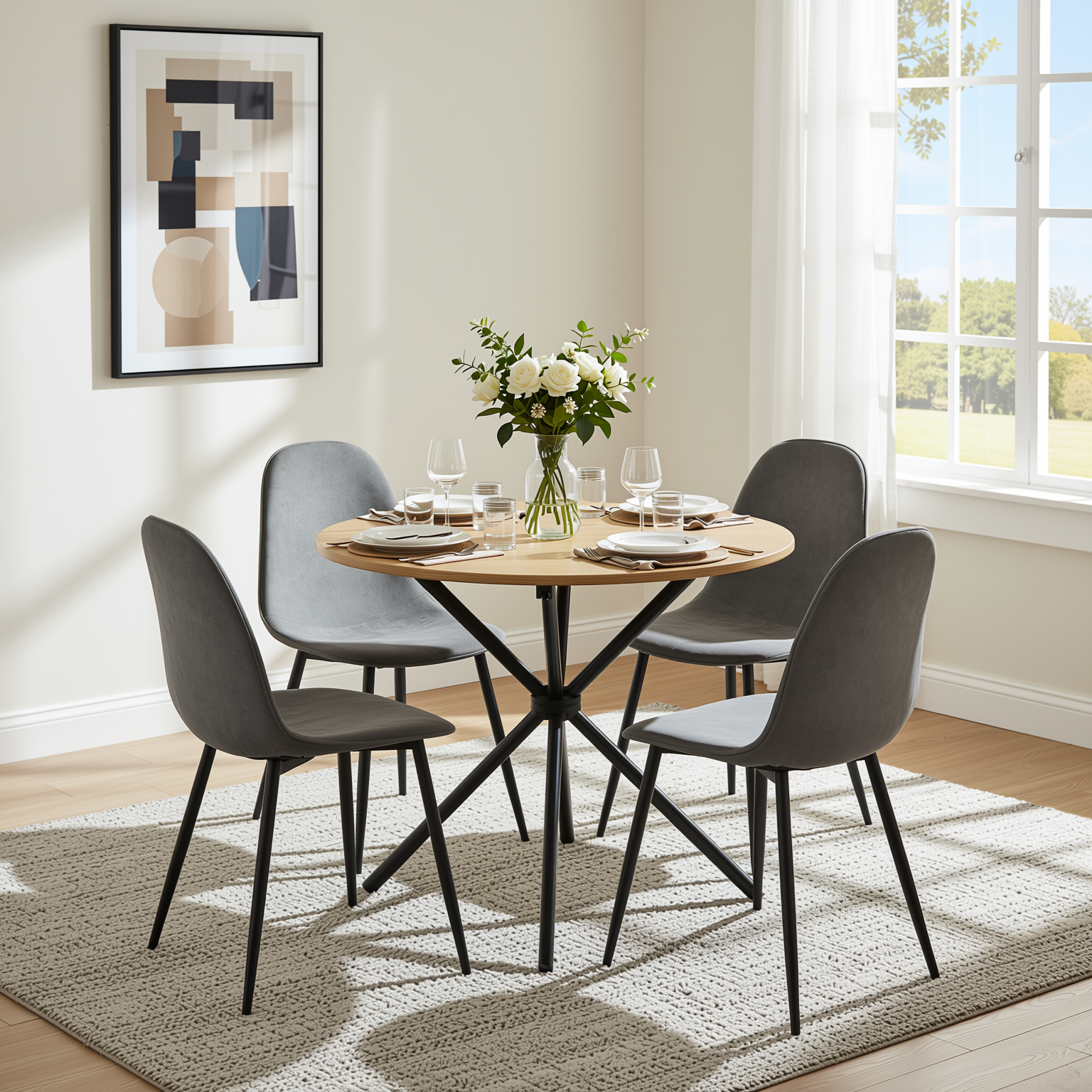 Homy Casa FONTANA+CHARLTON 5PC Dining Set 31.5” Natural Round Table with 4 Charlton Grey Terry Fabric Chairs
