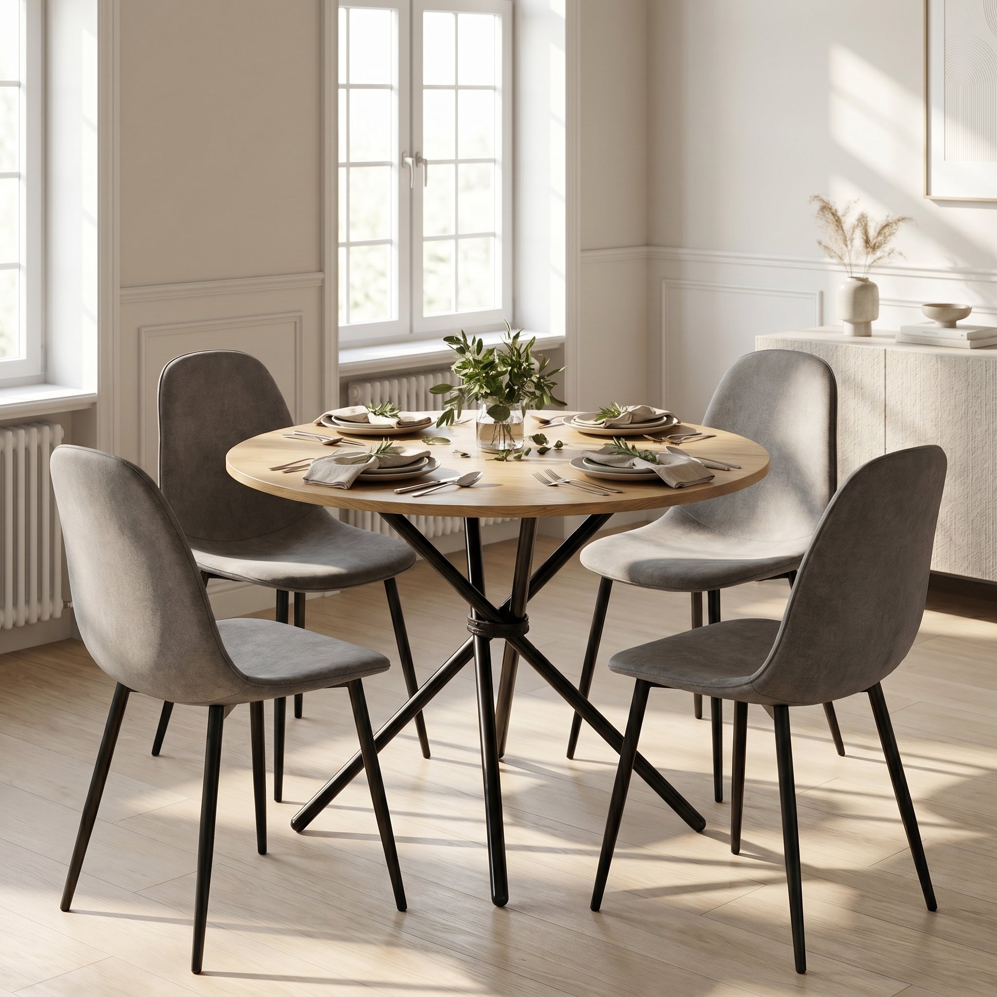 Homy Casa FONTANA+CHARLTON 5PC Dining Set 31.5” Natural Round Table with 4 Charlton Grey Terry Fabric Chairs