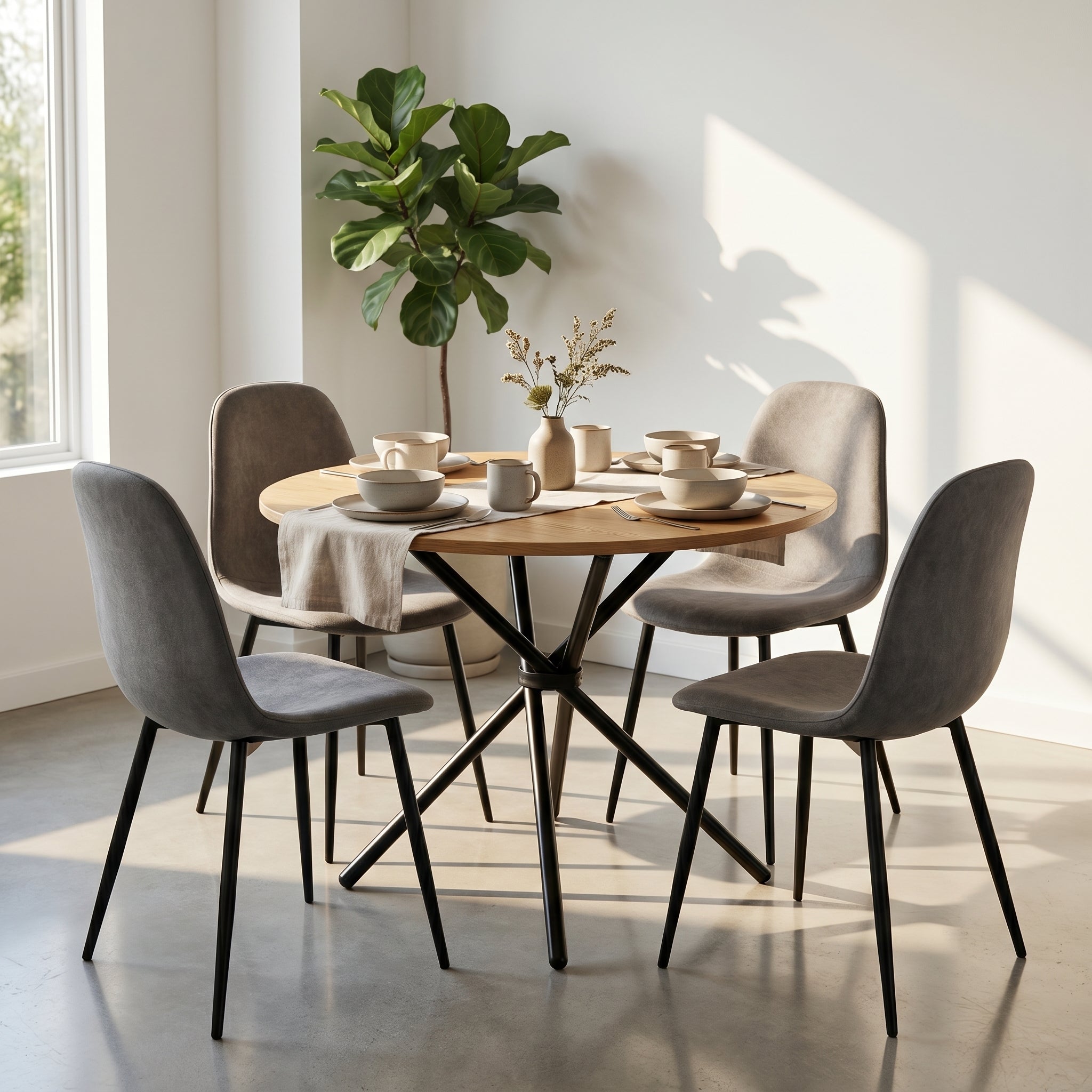 Homy Casa FONTANA+CHARLTON 5PC Dining Set 31.5” Natural Round Table with 4 Charlton Grey Terry Fabric Chairs