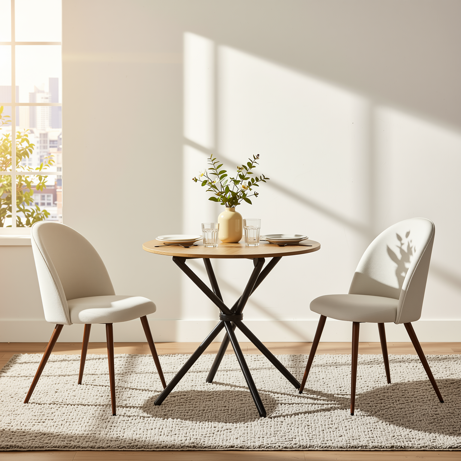 Homy Casa FONTANA+HAVEN 3PC Dining Set 31.5” Round Table with 2 Haven Beige Fabric Chairs Walnut Finish Legs