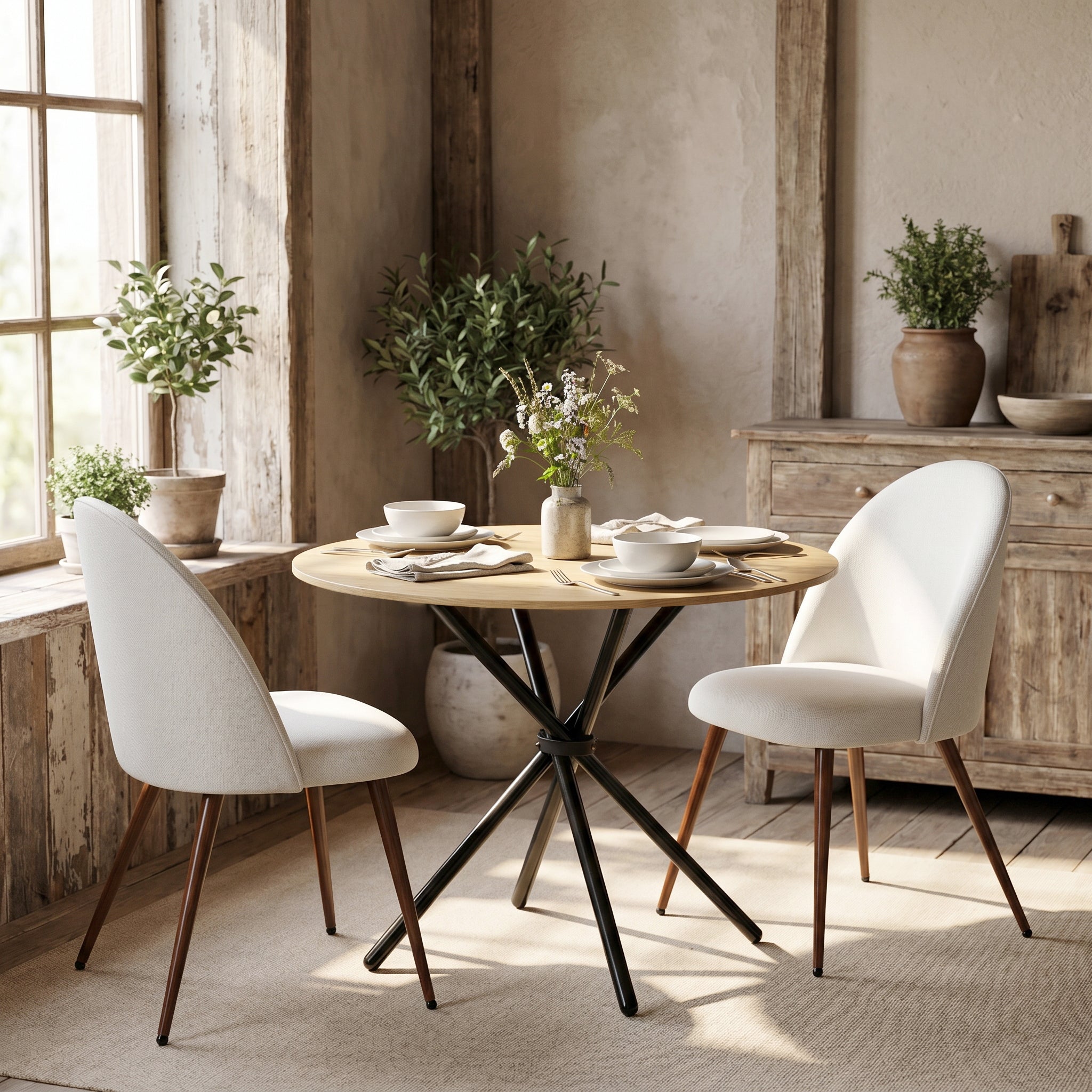 Homy Casa FONTANA+HAVEN 3PC Dining Set 31.5” Round Table with 2 Haven Beige Fabric Chairs Walnut Finish Legs