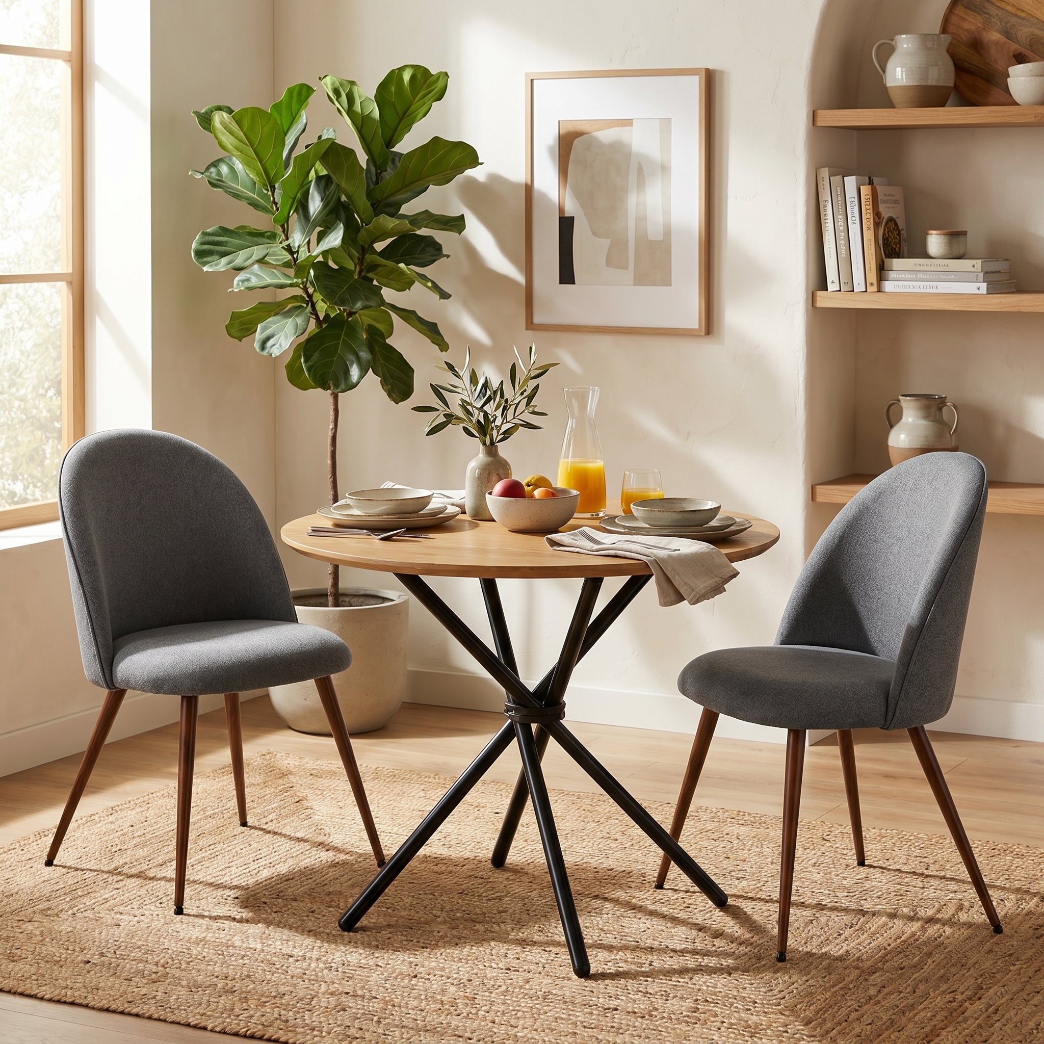 Homy Casa FONTANA+HAVEN 3PC Dining Set 31.5” Round Table with 2 Haven Grey Fabric Chairs Walnut Finish Legs