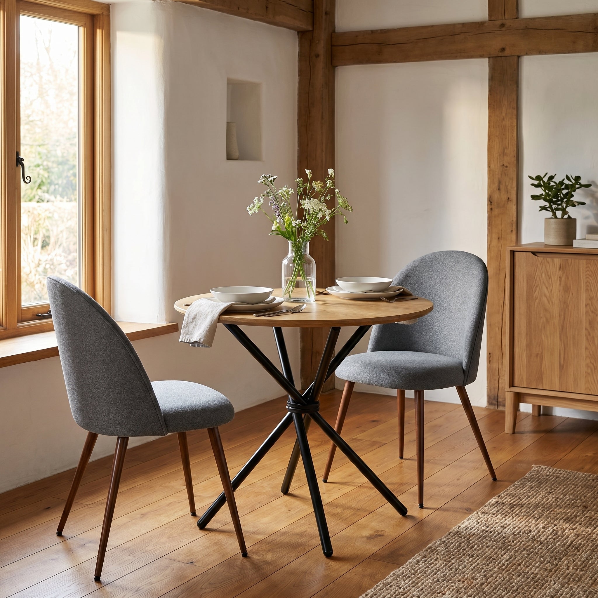 Homy Casa FONTANA+HAVEN 3PC Dining Set 31.5” Round Table with 2 Haven Grey Fabric Chairs Walnut Finish Legs