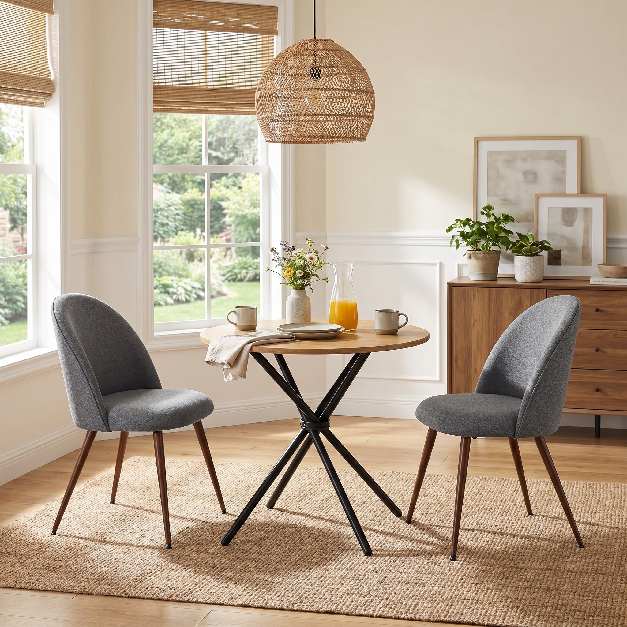 Homy Casa FONTANA+HAVEN 3PC Dining Set 31.5” Round Table with 2 Haven Grey Fabric Chairs Walnut Finish Legs