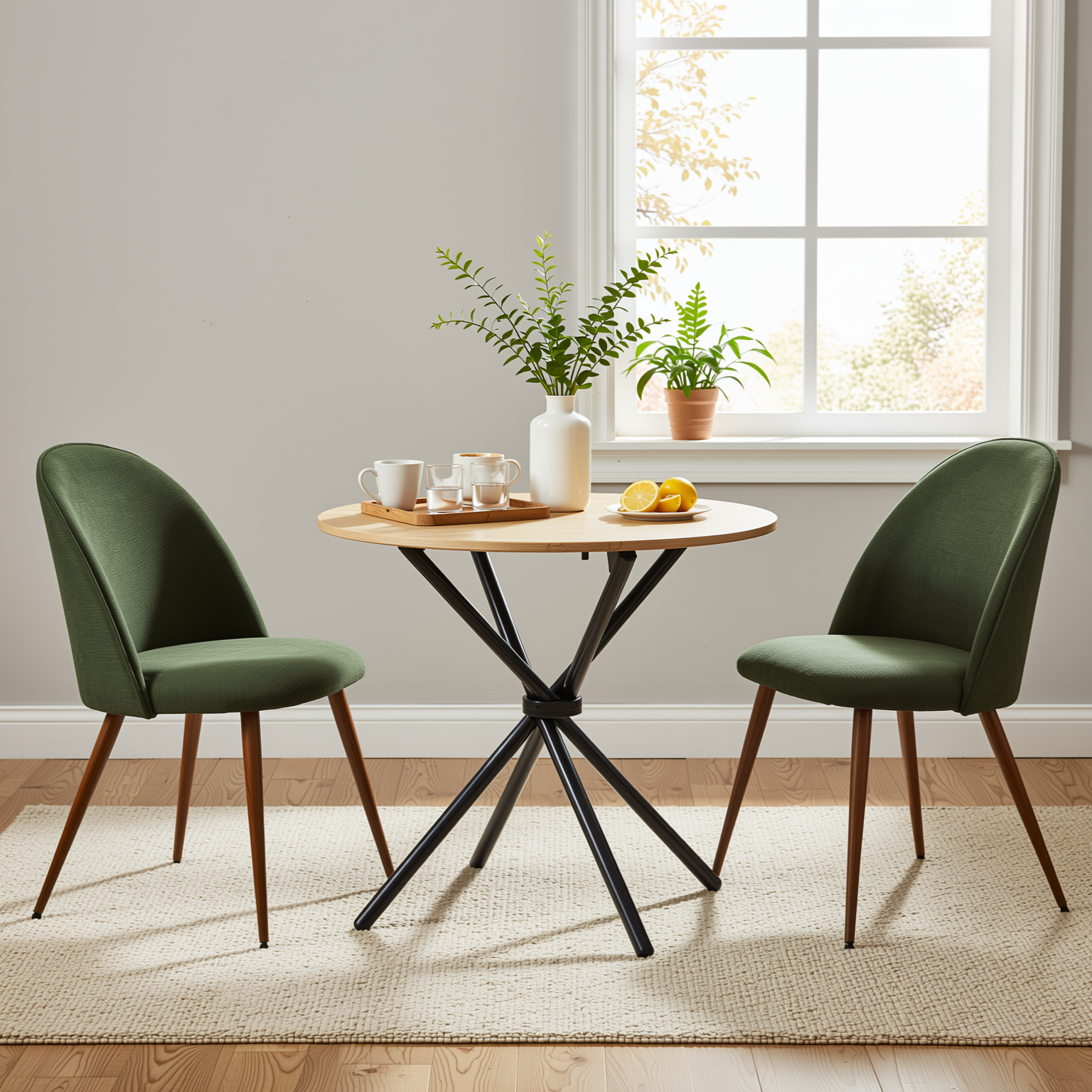 Homy Casa FONTANA+HAVEN 3PC Dining Set 31.5” Round Table with 2 Haven Verita Green Upholstered Chairs, Natural & Walnut Finish