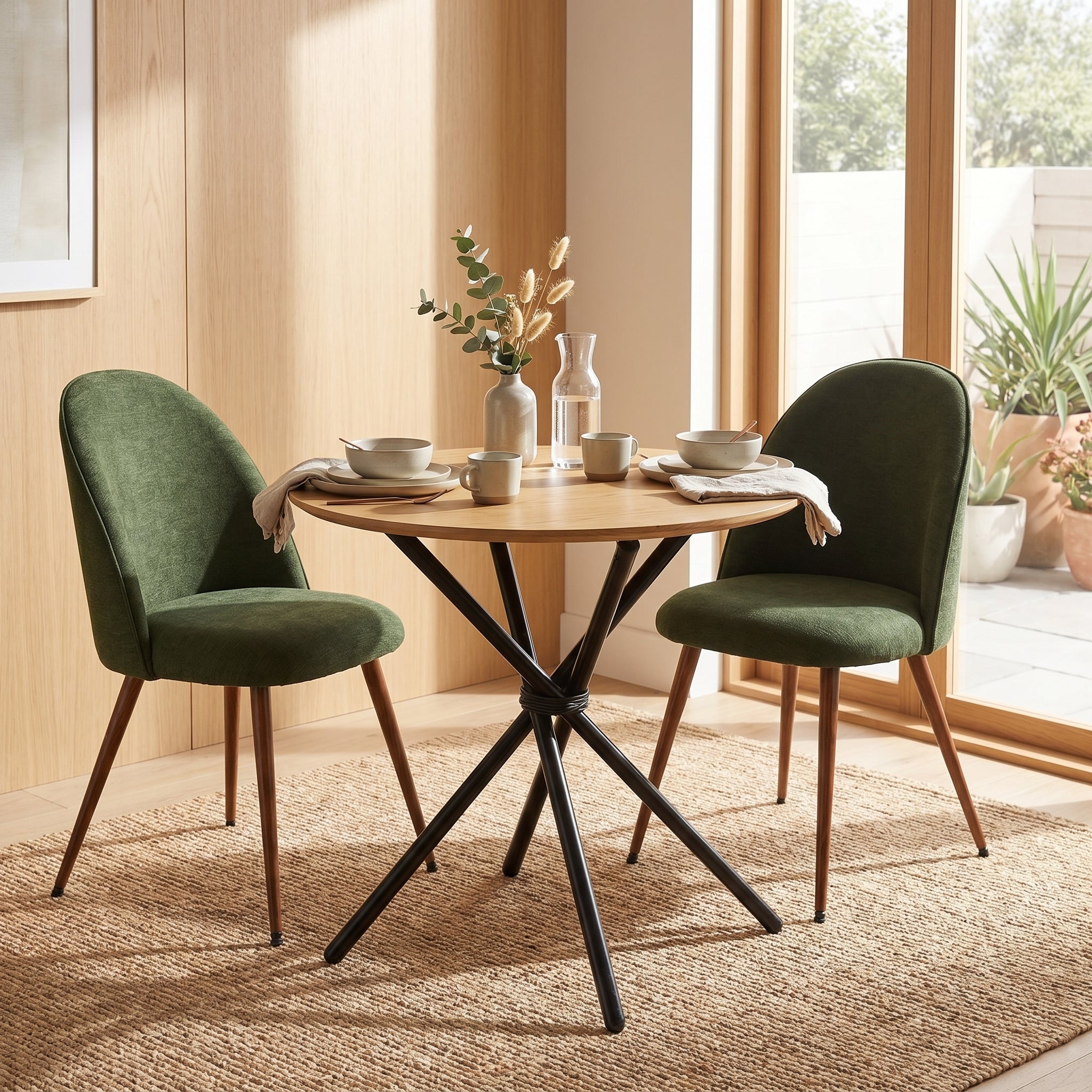 Homy Casa FONTANA+HAVEN 3PC Dining Set 31.5” Round Table with 2 Haven Verita Green Upholstered Chairs, Natural & Walnut Finish