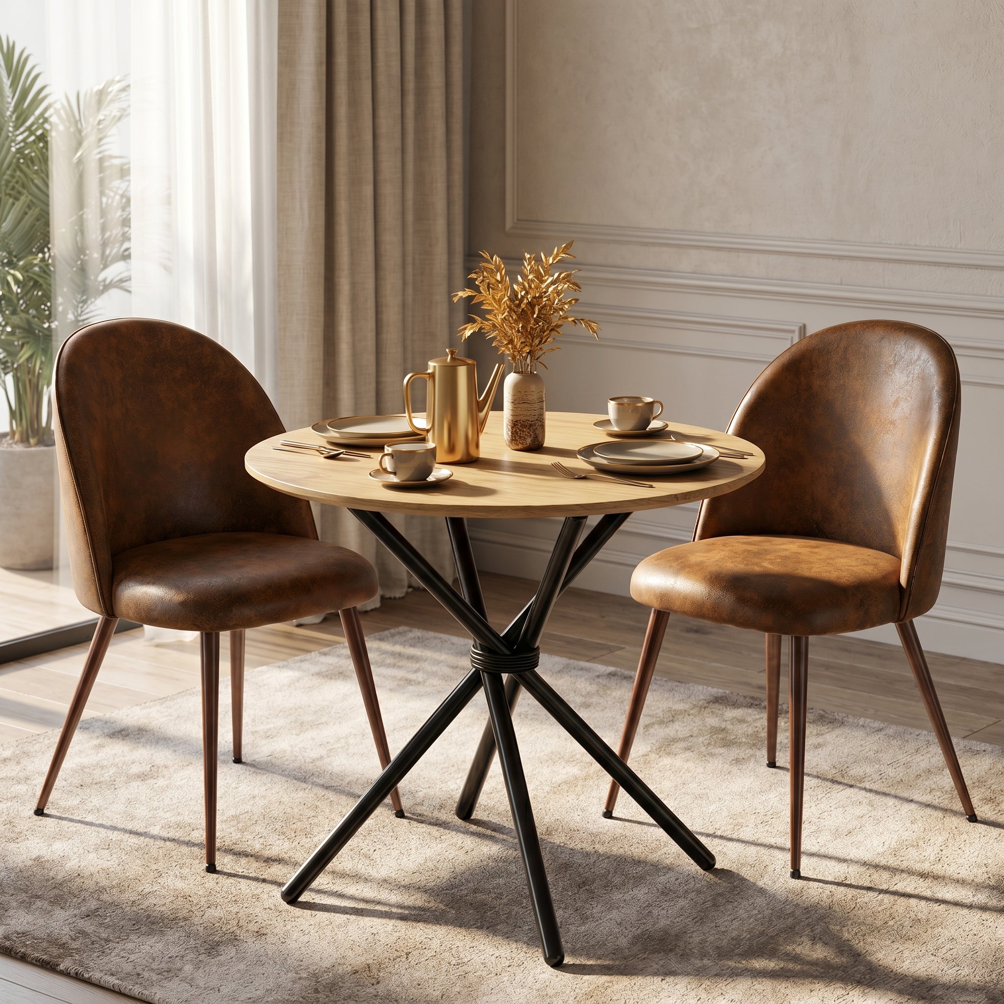 Homy Casa FONTANA+HAVEN 3PC Dining Set 31.5” Round Table with 2 Haven Suede Brown Upholstered Chairs and Walnut Finish Legs
