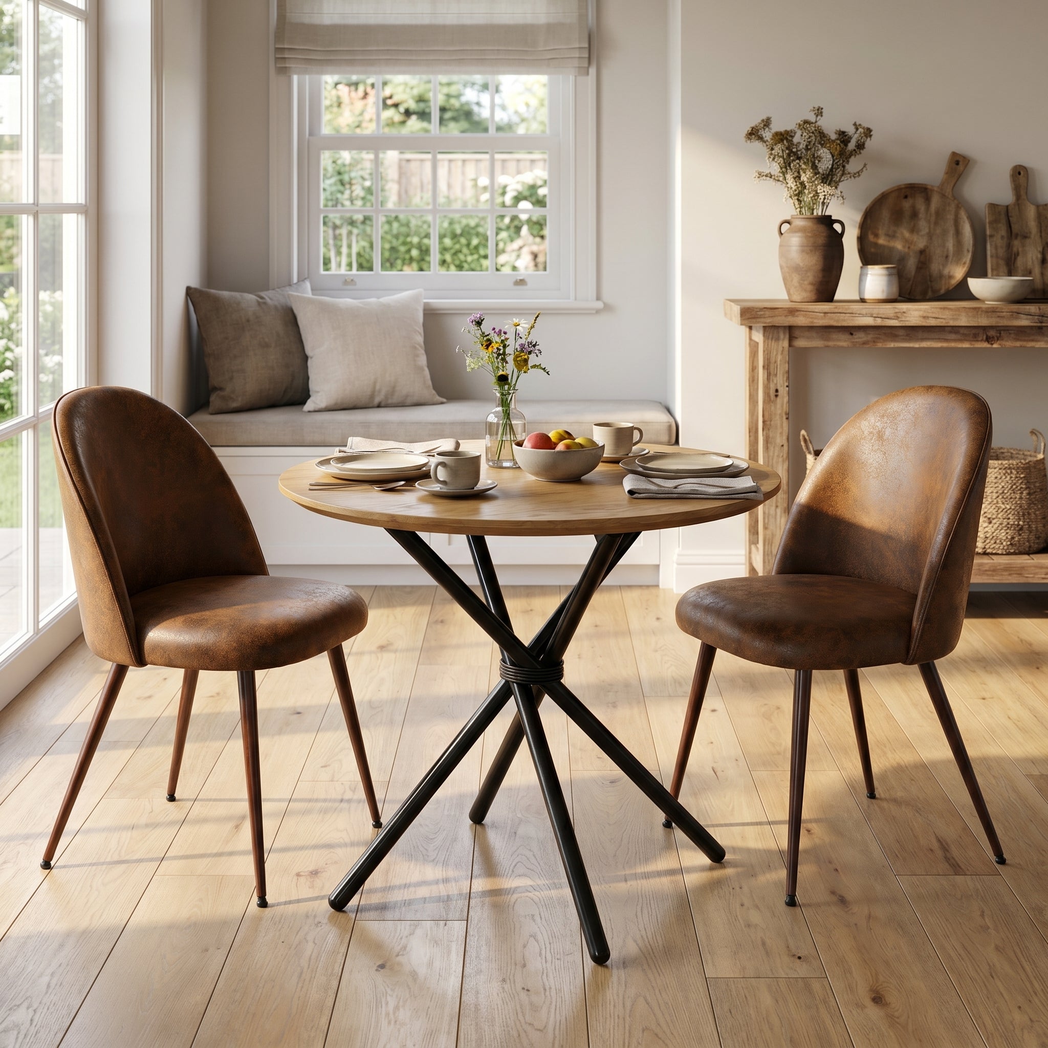 Homy Casa FONTANA+HAVEN 3PC Dining Set 31.5” Round Table with 2 Haven Suede Brown Upholstered Chairs and Walnut Finish Legs