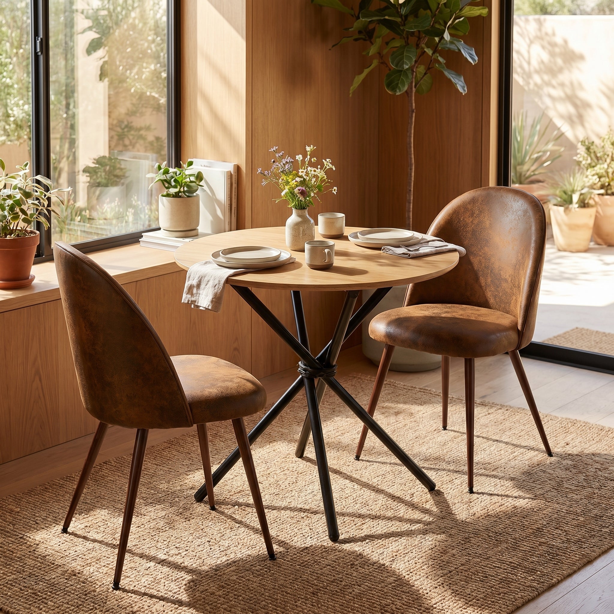 Homy Casa FONTANA+HAVEN 3PC Dining Set 31.5” Round Table with 2 Haven Suede Brown Upholstered Chairs and Walnut Finish Legs