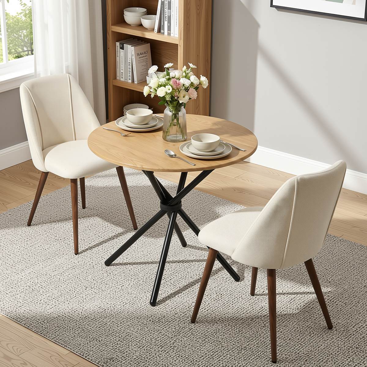Homy Casa FONTANA+KALI 3PC Dining Set 31.5” Round Table with 2 Kali Beige Upholstered Chairs in Natural Finish
