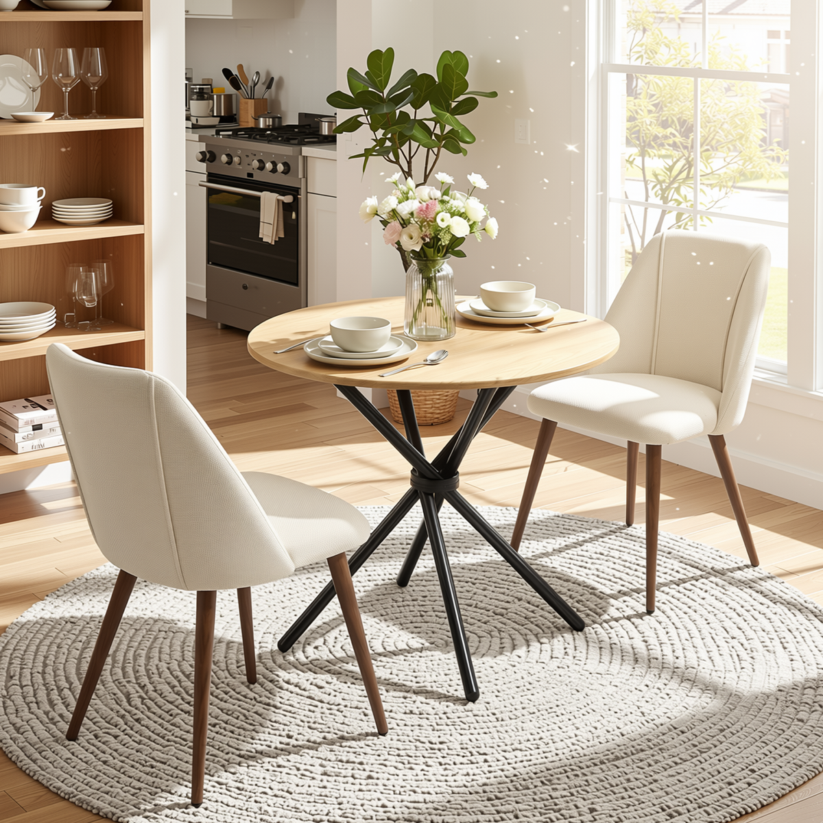 Homy Casa FONTANA+KALI 3PC Dining Set 31.5” Round Table with 2 Kali Beige Upholstered Chairs in Natural Finish