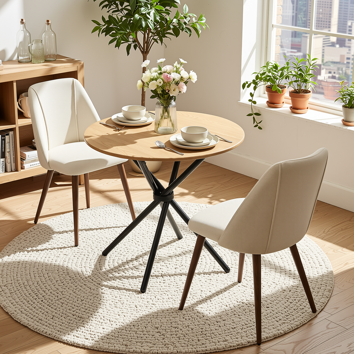 Homy Casa FONTANA+KALI 3PC Dining Set 31.5” Round Table with 2 Kali Beige Upholstered Chairs in Natural Finish