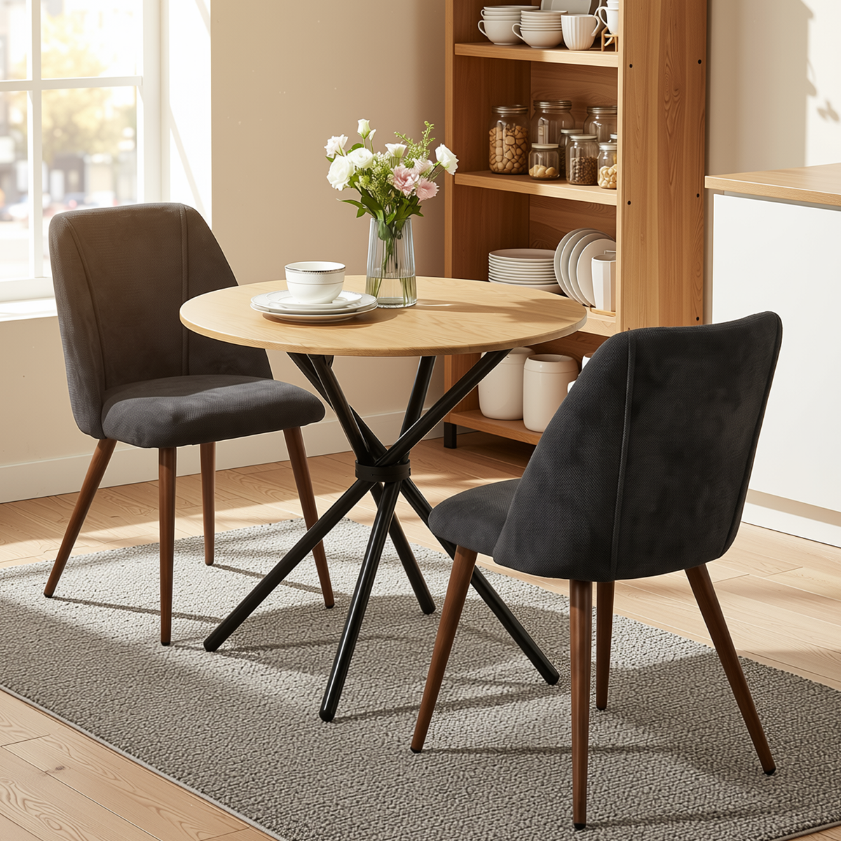 Homy Casa FONTANA+KALI 3PC Dining Set 31.5” Round Table with 2 Kali Charcoal Fabric Chairs in Natural & Walnut Finish
