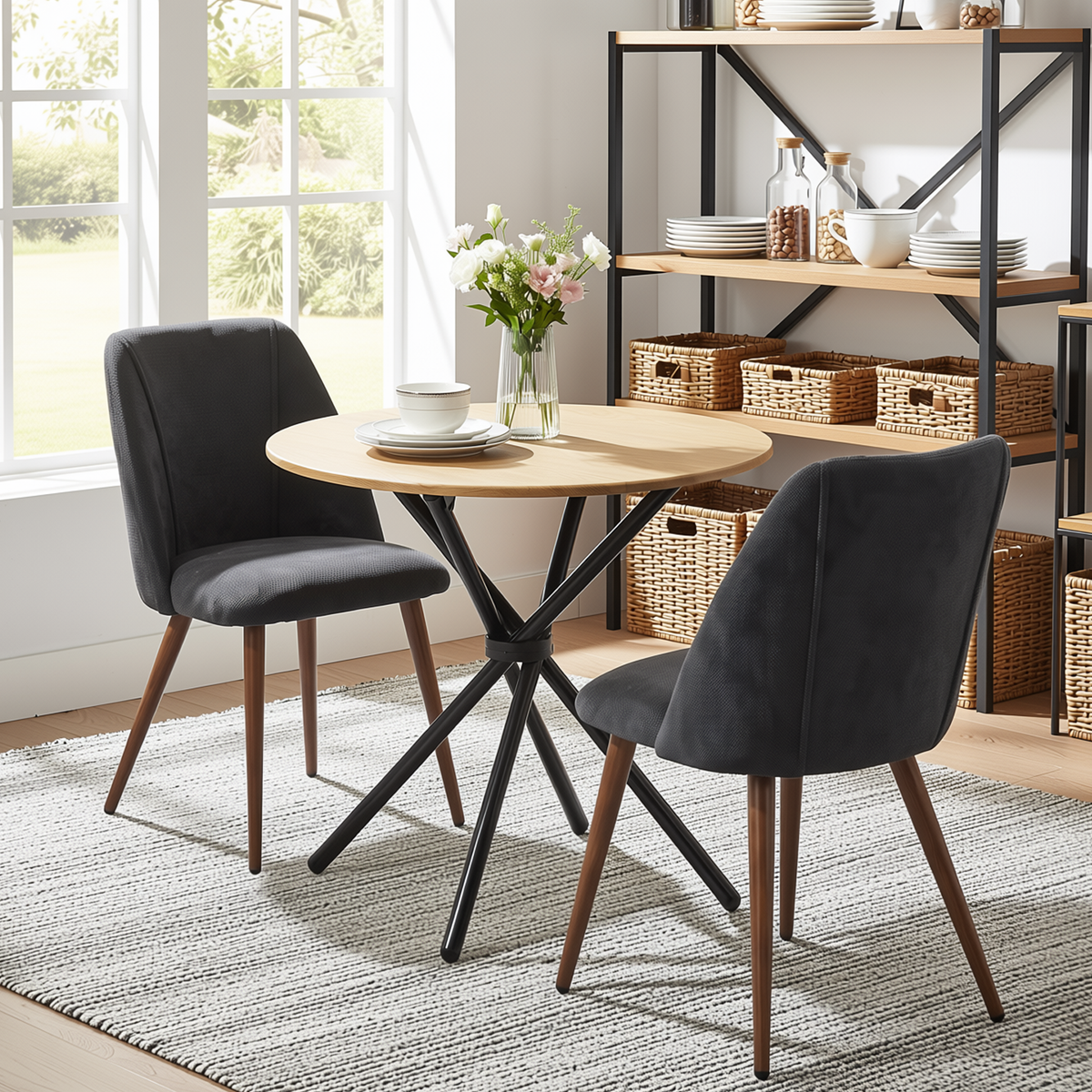 Homy Casa FONTANA+KALI 3PC Dining Set 31.5” Round Table with 2 Kali Charcoal Fabric Chairs in Natural & Walnut Finish