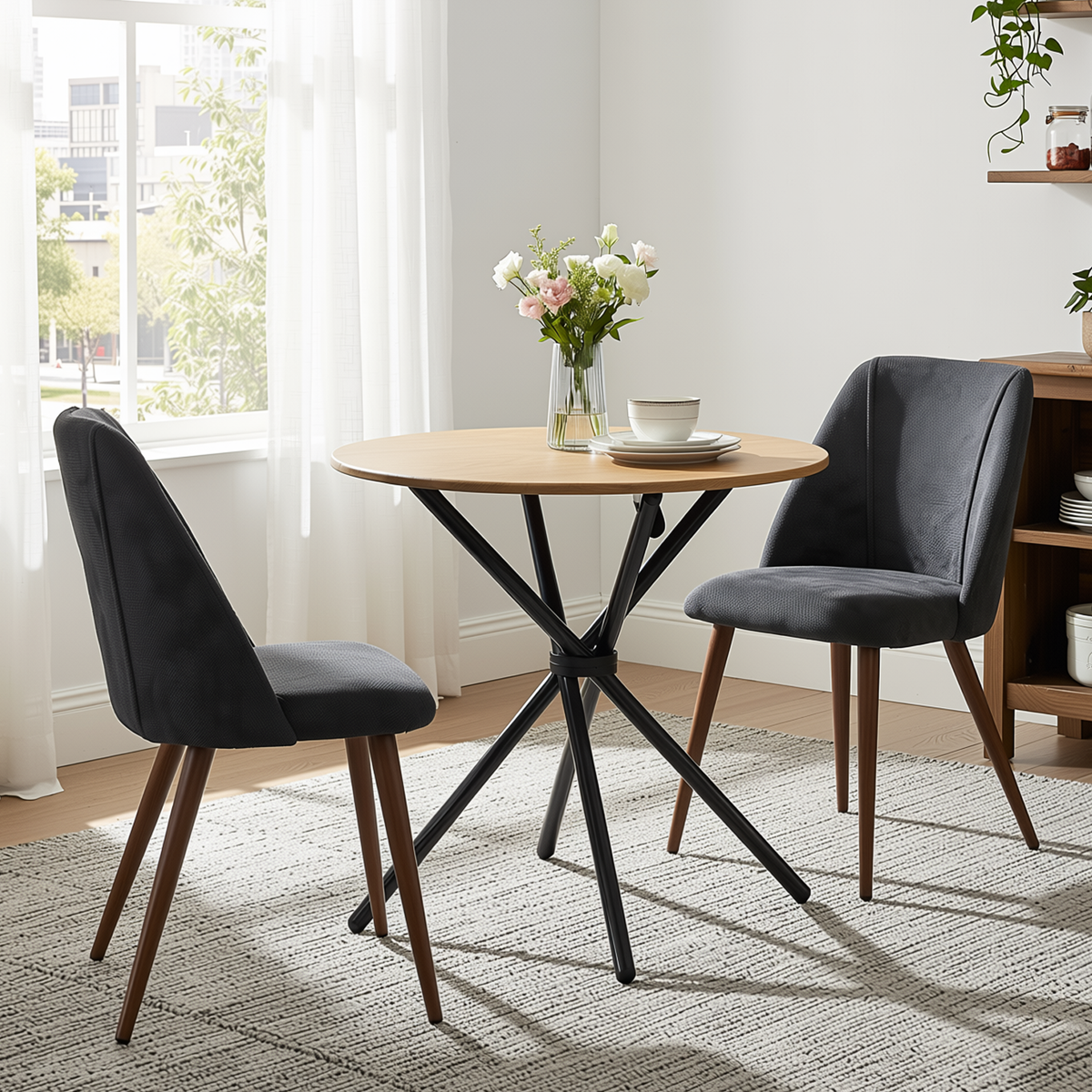 Homy Casa FONTANA+KALI 3PC Dining Set 31.5” Round Table with 2 Kali Charcoal Fabric Chairs in Natural & Walnut Finish