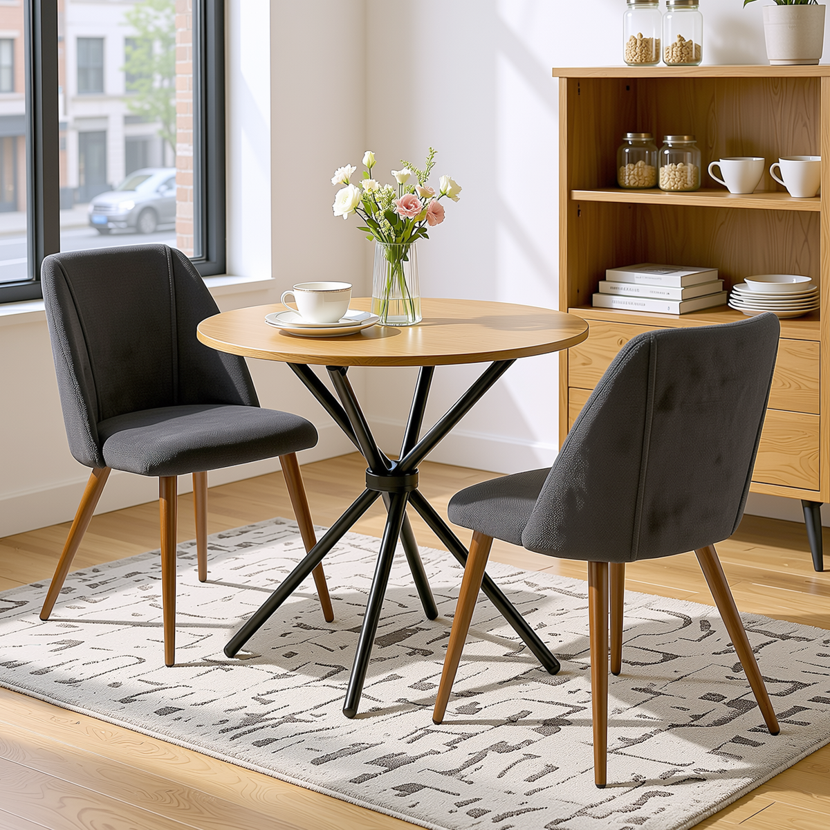 Homy Casa FONTANA+KALI 3PC Dining Set 31.5” Round Table with 2 Kali Charcoal Fabric Chairs in Natural & Walnut Finish