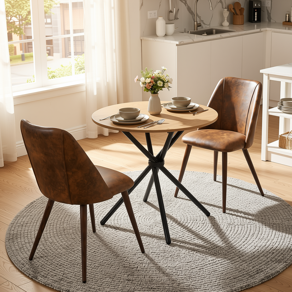 Homy Casa FONTANA+KALI 3PC Dining Set 31.5” Round Table with 2 Kali Suede Brown Chairs and Walnut Legs in Natural Finish