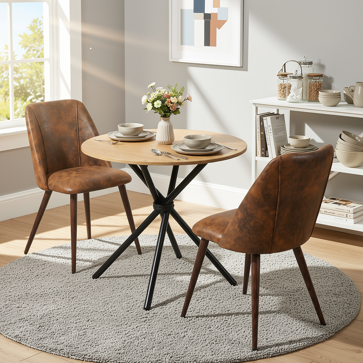 Homy Casa FONTANA+KALI 3PC Dining Set 31.5” Round Table with 2 Kali Suede Brown Chairs and Walnut Legs in Natural Finish