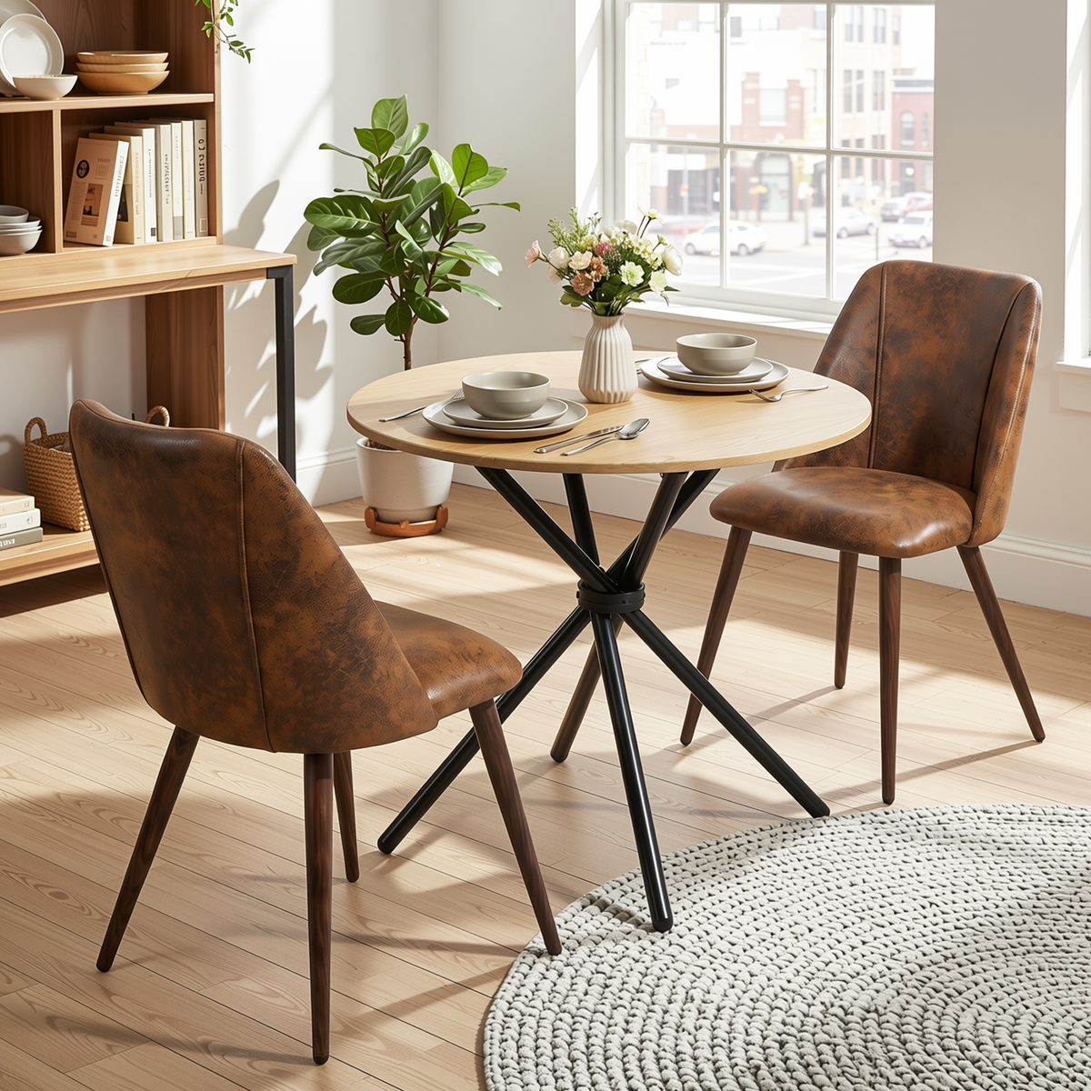 Homy Casa FONTANA+KALI 3PC Dining Set 31.5” Round Table with 2 Kali Suede Brown Chairs and Walnut Legs in Natural Finish