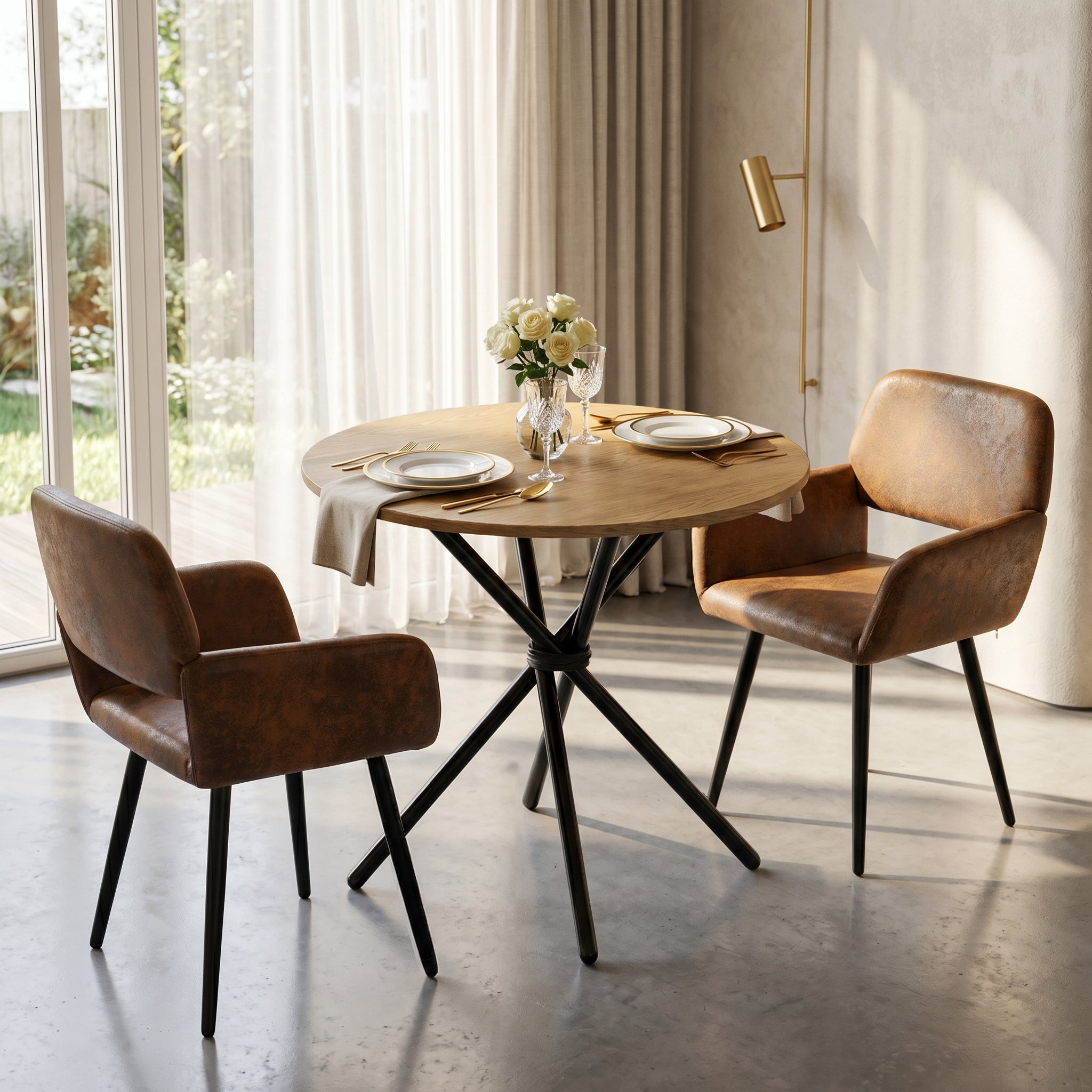 Homy Casa FONTANA+MAYFAIR 3PC Dining Set 31.5” Round Natural Table with 2 Mayfair Suede Brown Upholstered Chairs
