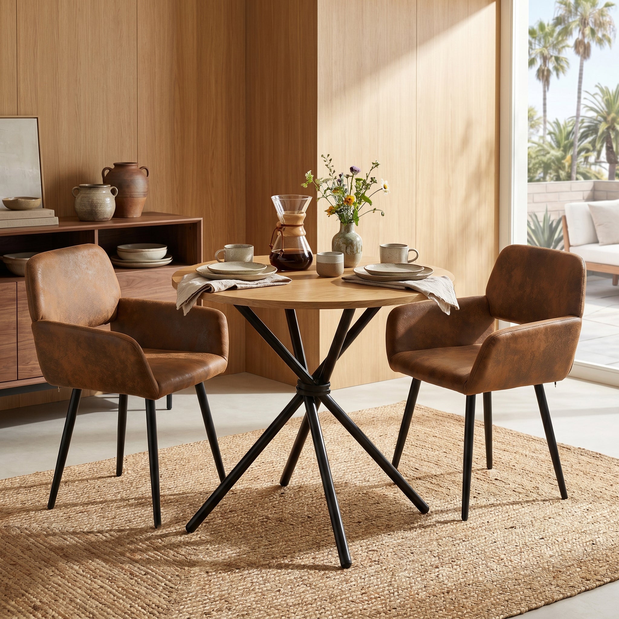 Homy Casa FONTANA+MAYFAIR 3PC Dining Set 31.5” Round Natural Table with 2 Mayfair Suede Brown Upholstered Chairs