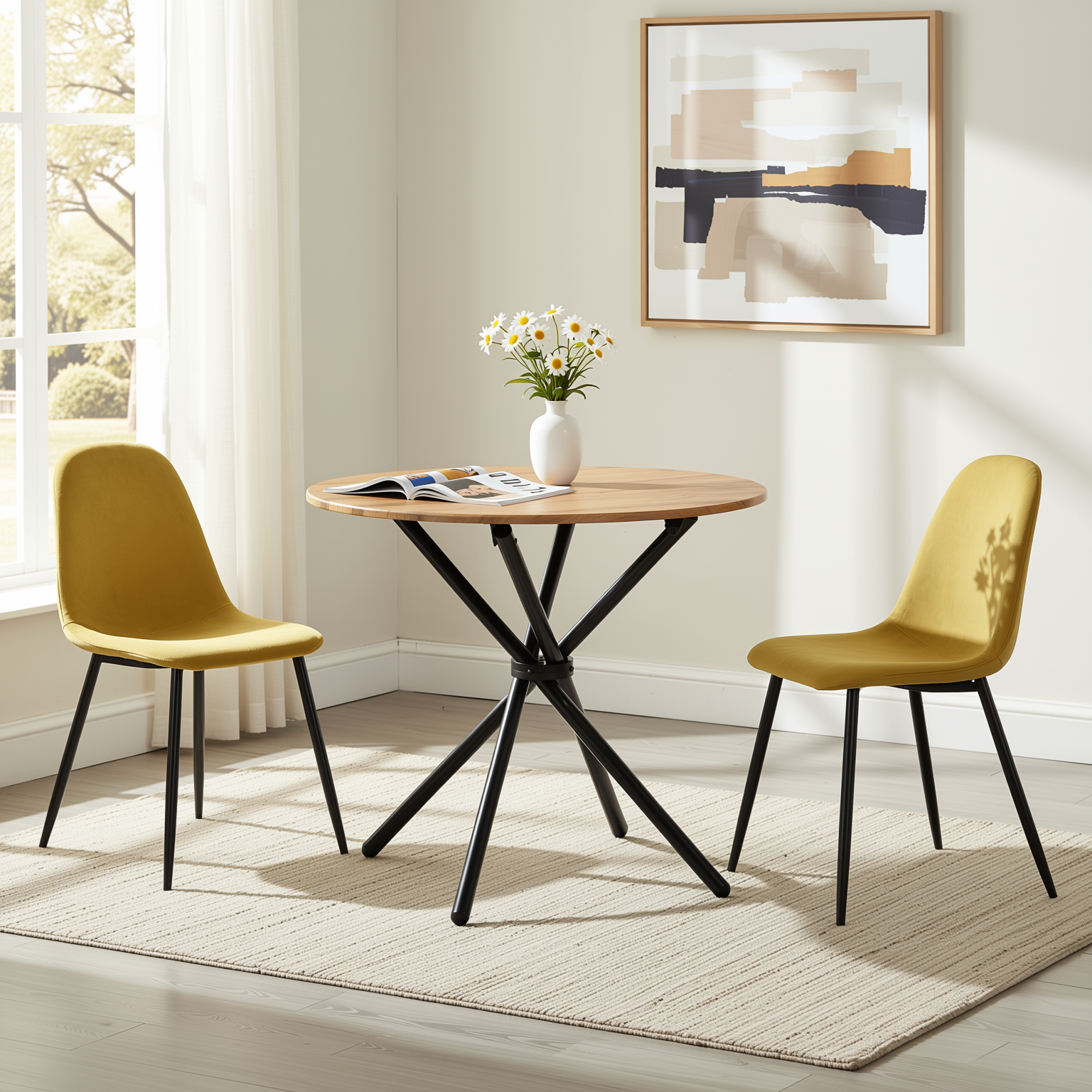 Homy Casa Fontana 3PC Dining Set 31.5” Round Table with 2 Charlton Fabric Yellow Chairs