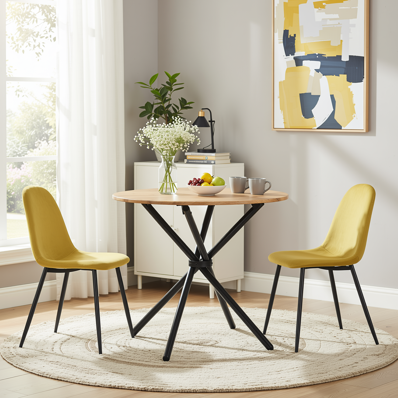 Homy Casa Fontana 3PC Dining Set 31.5” Round Table with 2 Charlton Fabric Yellow Chairs