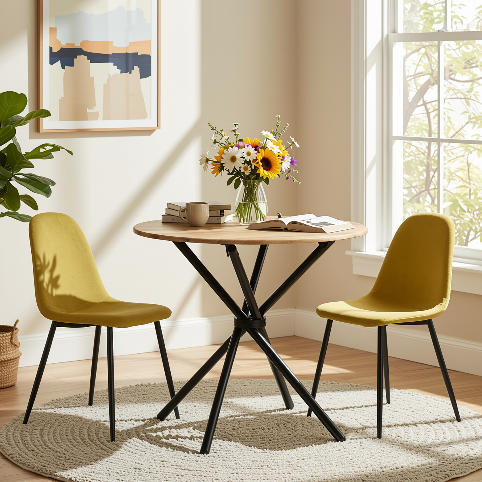 Homy Casa Fontana 3PC Dining Set 31.5” Round Table with 2 Charlton Fabric Yellow Chairs