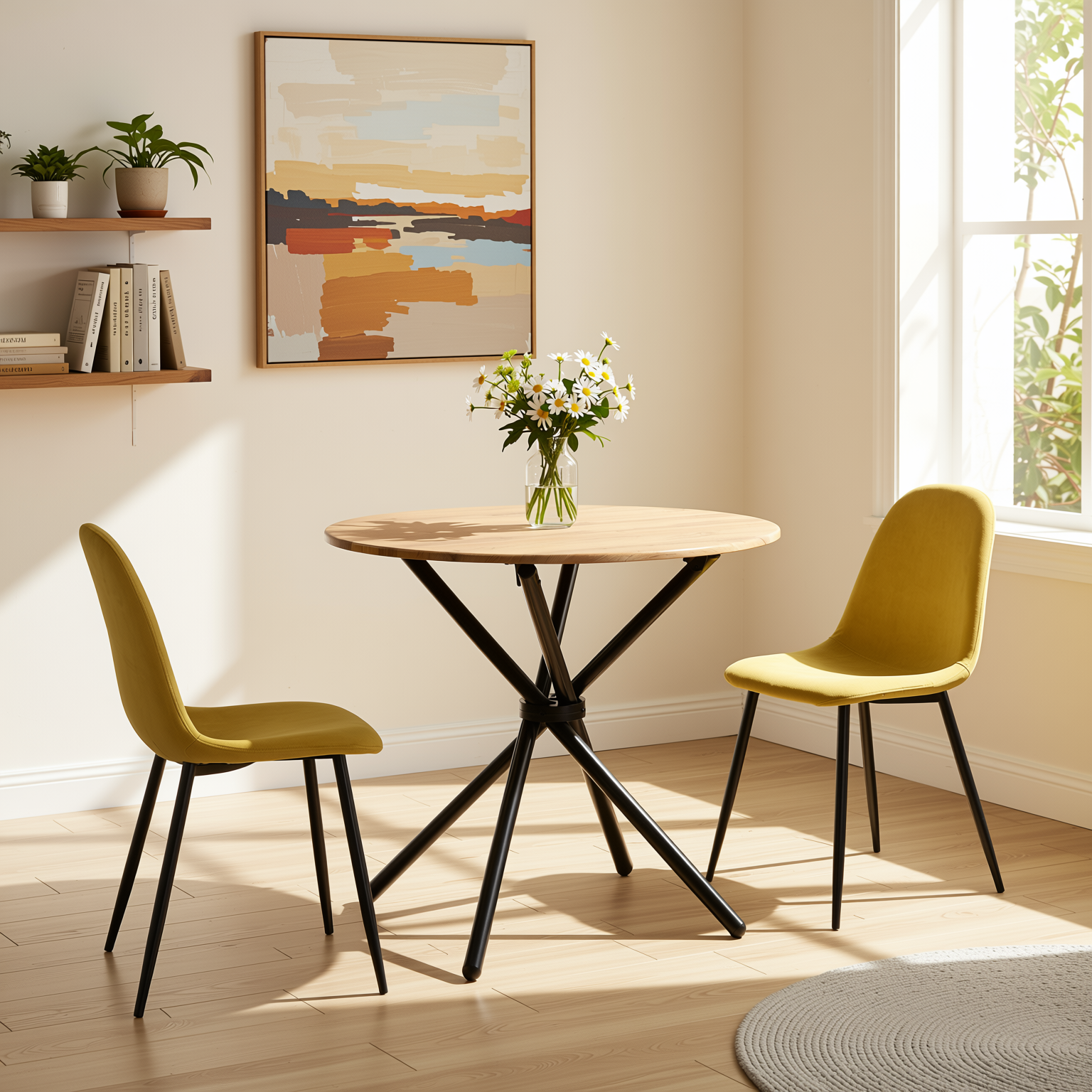 Homy Casa Fontana 3PC Dining Set 31.5” Round Table with 2 Charlton Fabric Yellow Chairs