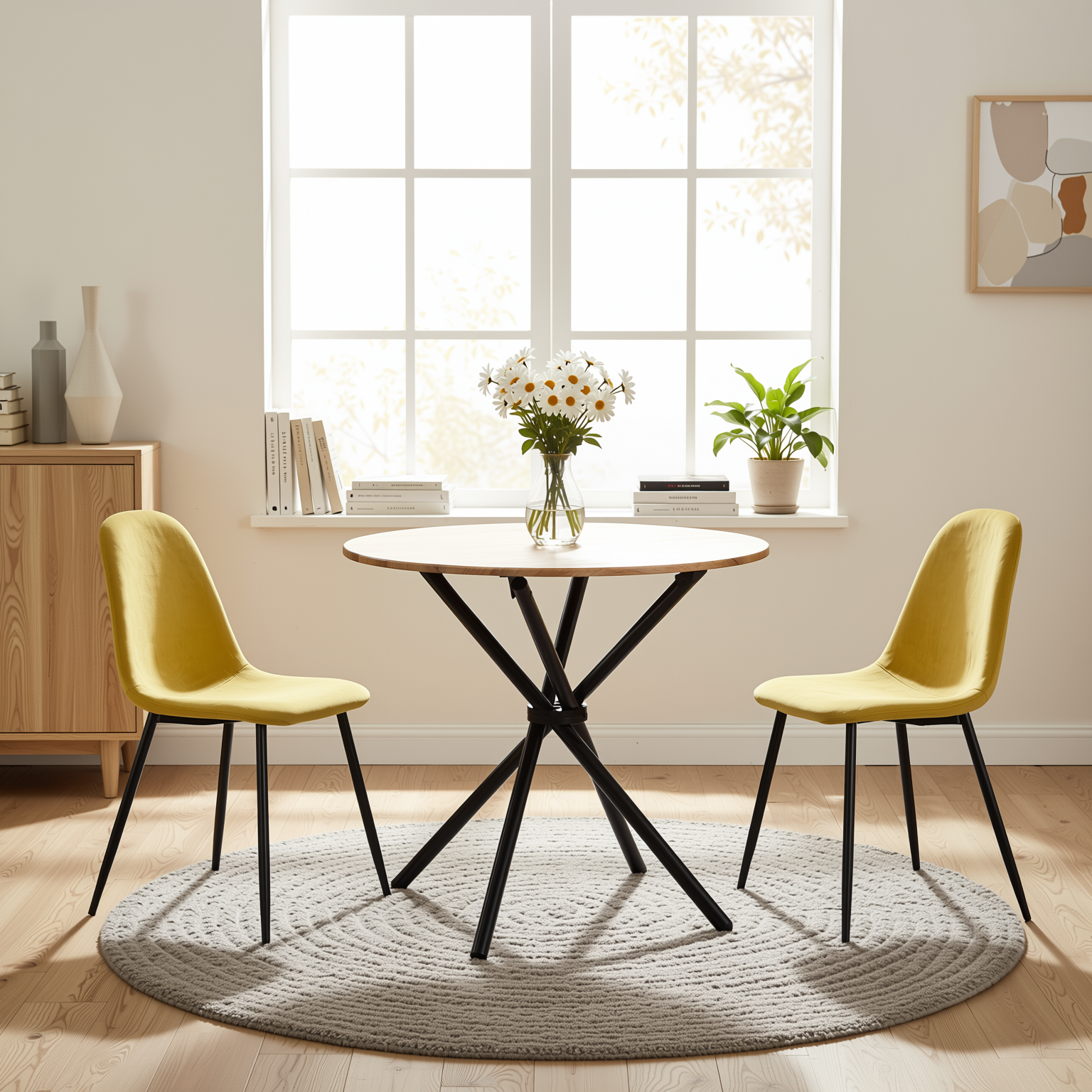 Homy Casa Fontana 3PC Dining Set 31.5” Round Table with 2 Charlton Fabric Yellow Chairs