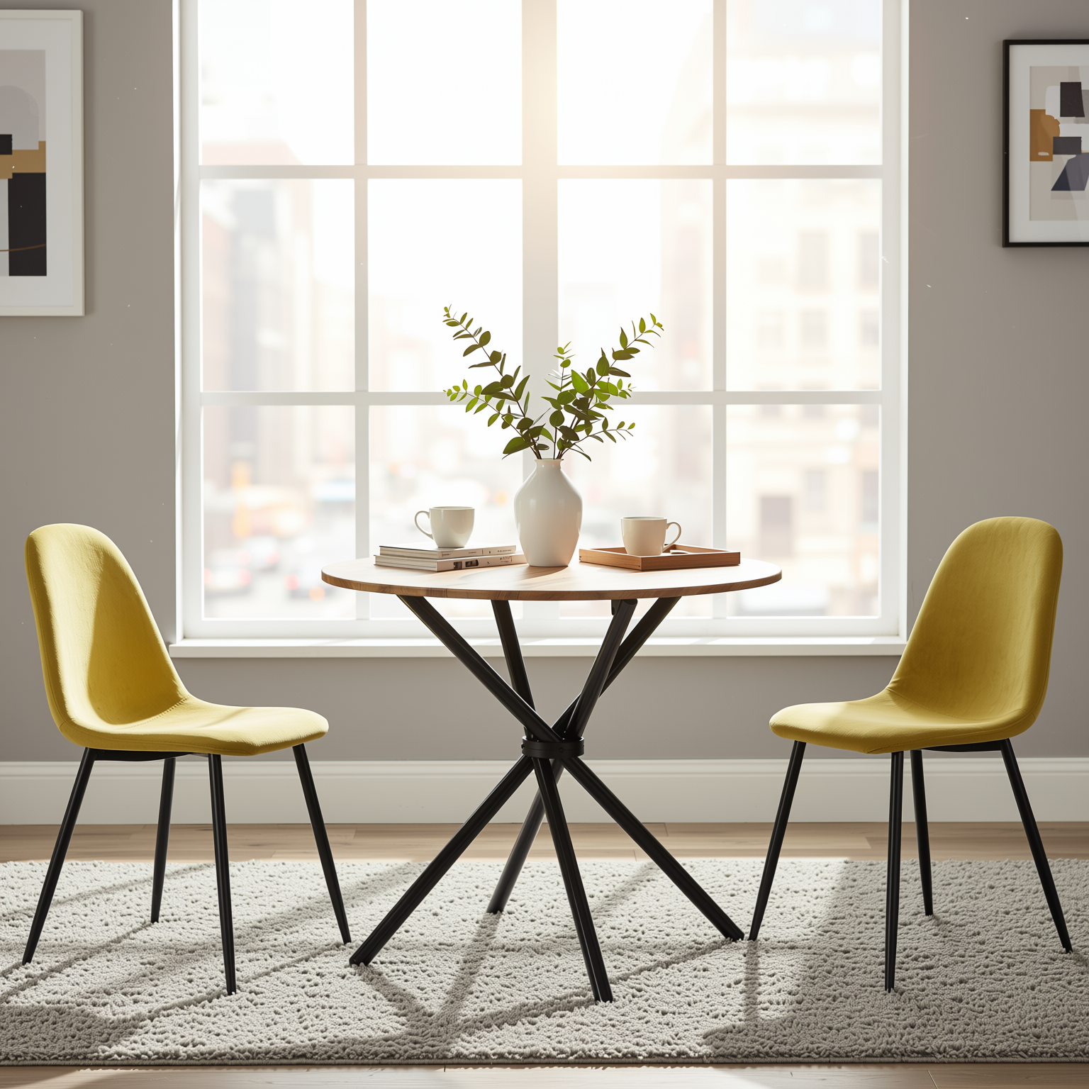 Homy Casa Fontana 3PC Dining Set 31.5” Round Table with 2 Charlton Fabric Yellow Chairs