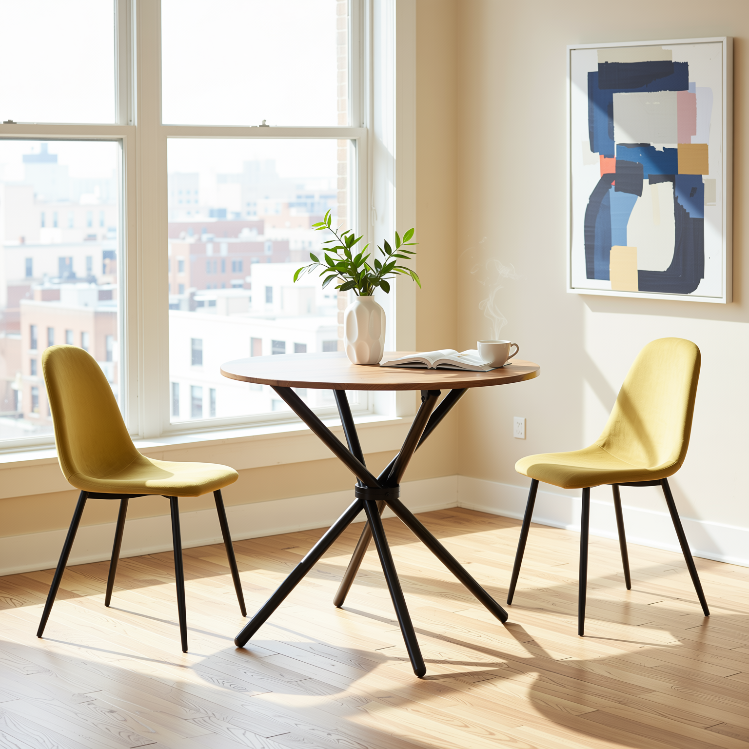 Homy Casa Fontana 3PC Dining Set 31.5” Round Table with 2 Charlton Fabric Yellow Chairs