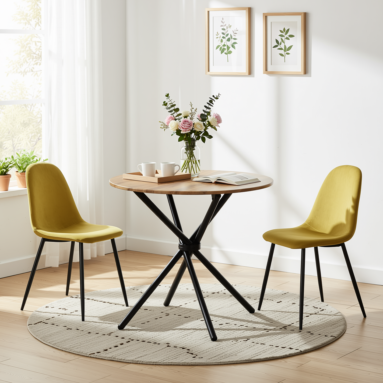 Homy Casa Fontana 3PC Dining Set 31.5” Round Table with 2 Charlton Fabric Yellow Chairs