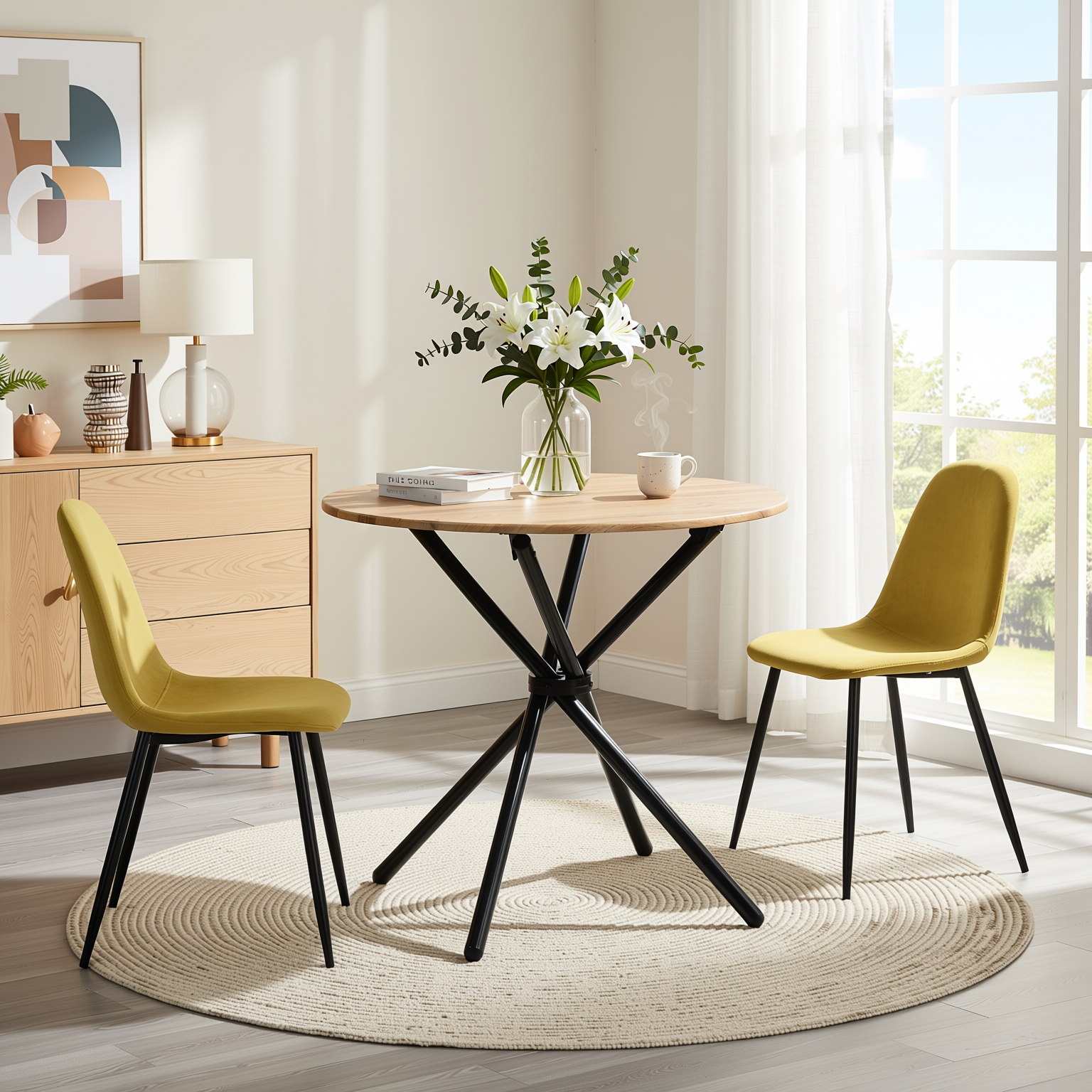 Homy Casa Fontana 3PC Dining Set 31.5” Round Table with 2 Charlton Fabric Yellow Chairs