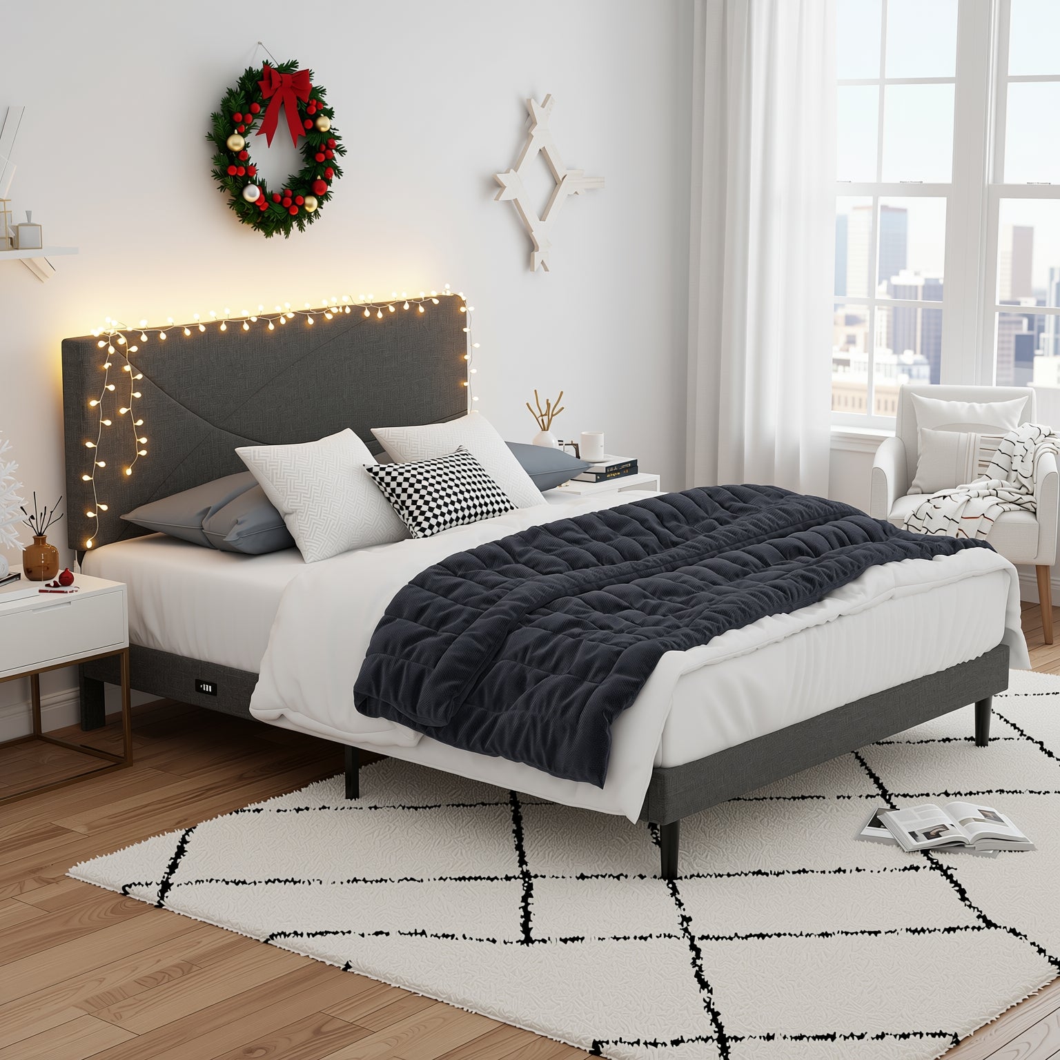 Homy Casa Foothill Modern Upholstered Bed Frame with LED Headboard