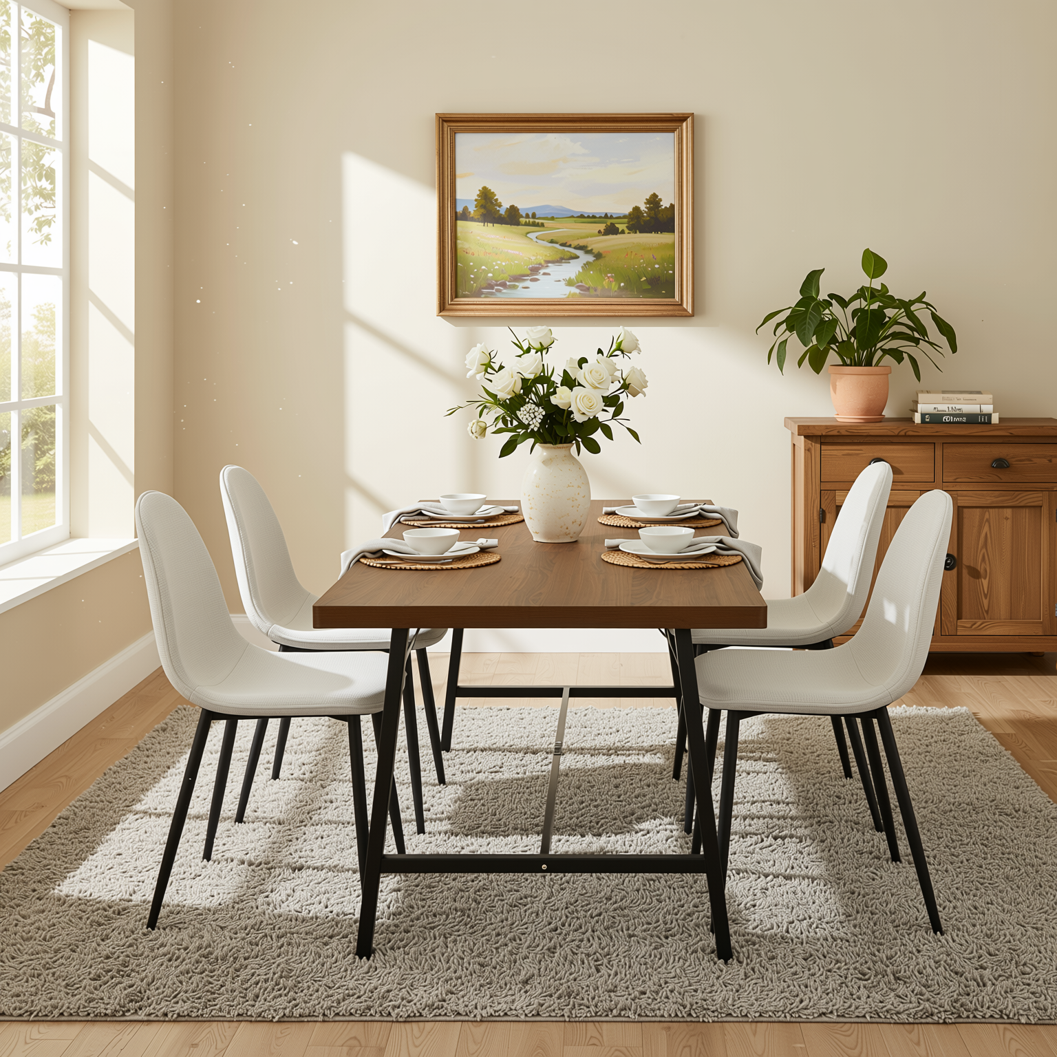 Homy Casa FORS + Charlton Barrel 5PC Dining Set 63" Table with 4 Beige Fabric Chairs