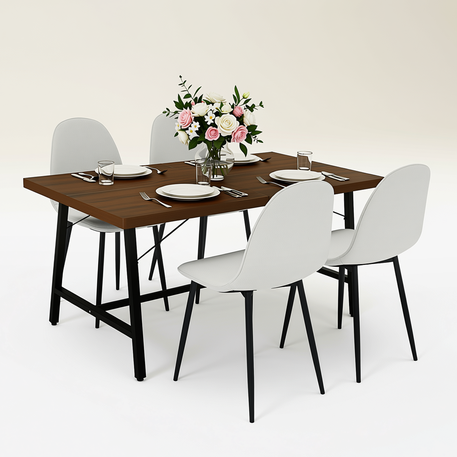 Homy Casa FORS + Charlton Barrel 5PC Dining Set 63" Table with 4 Beige Fabric Chairs